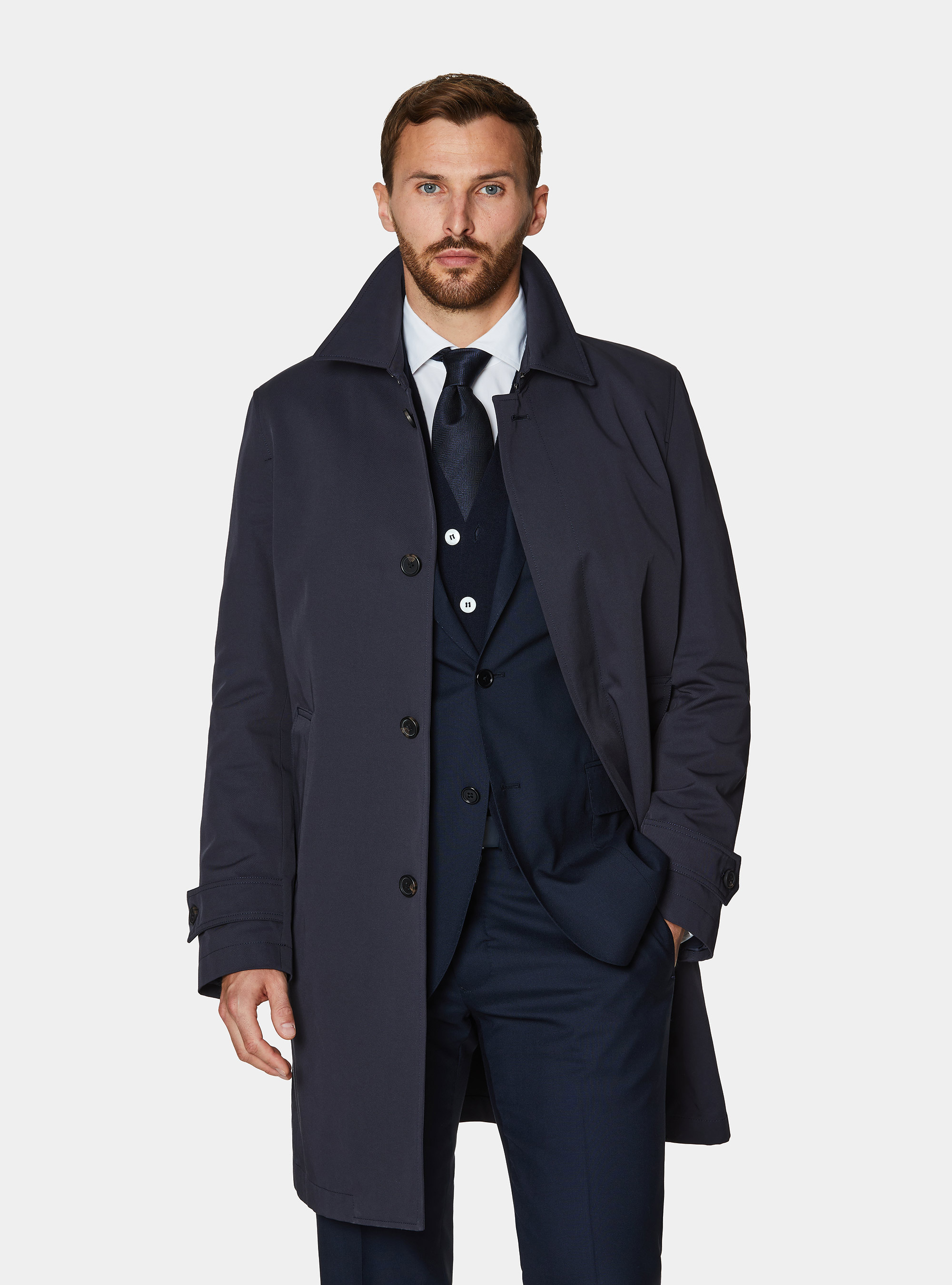 Single-breasted raincoat in cotton blend, NAVY BLUE
