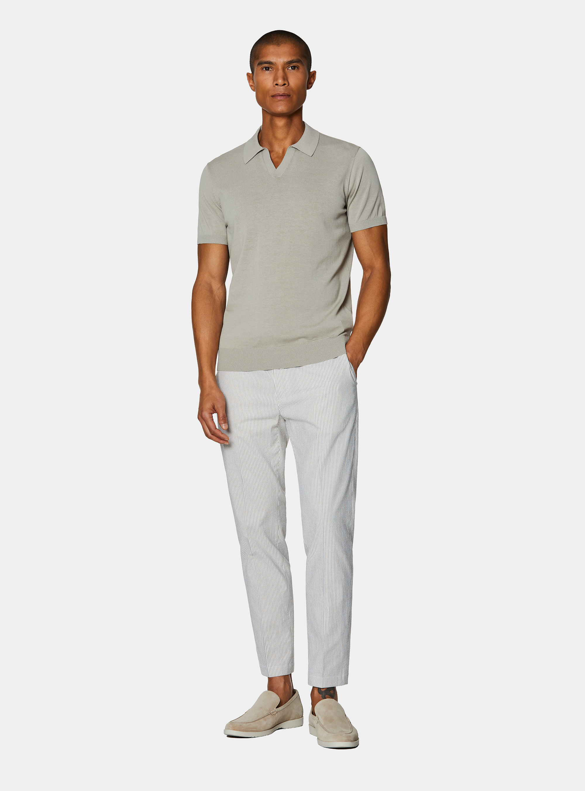 Buttonless knitted polo shirt in extra-fine cotton, SAND