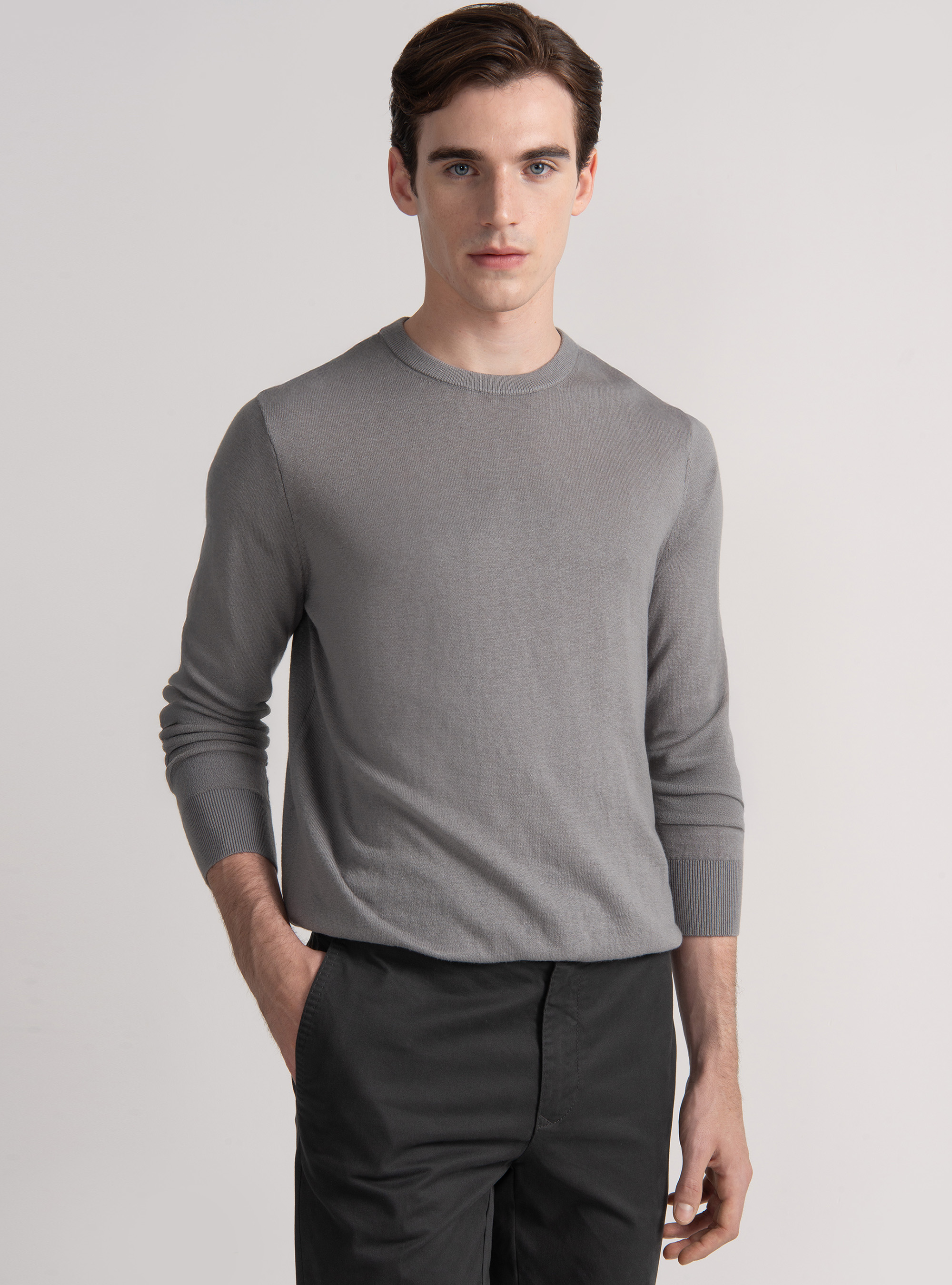 Maglia girocollo in cotone seta e cashmere, GRIGIO CHIARO