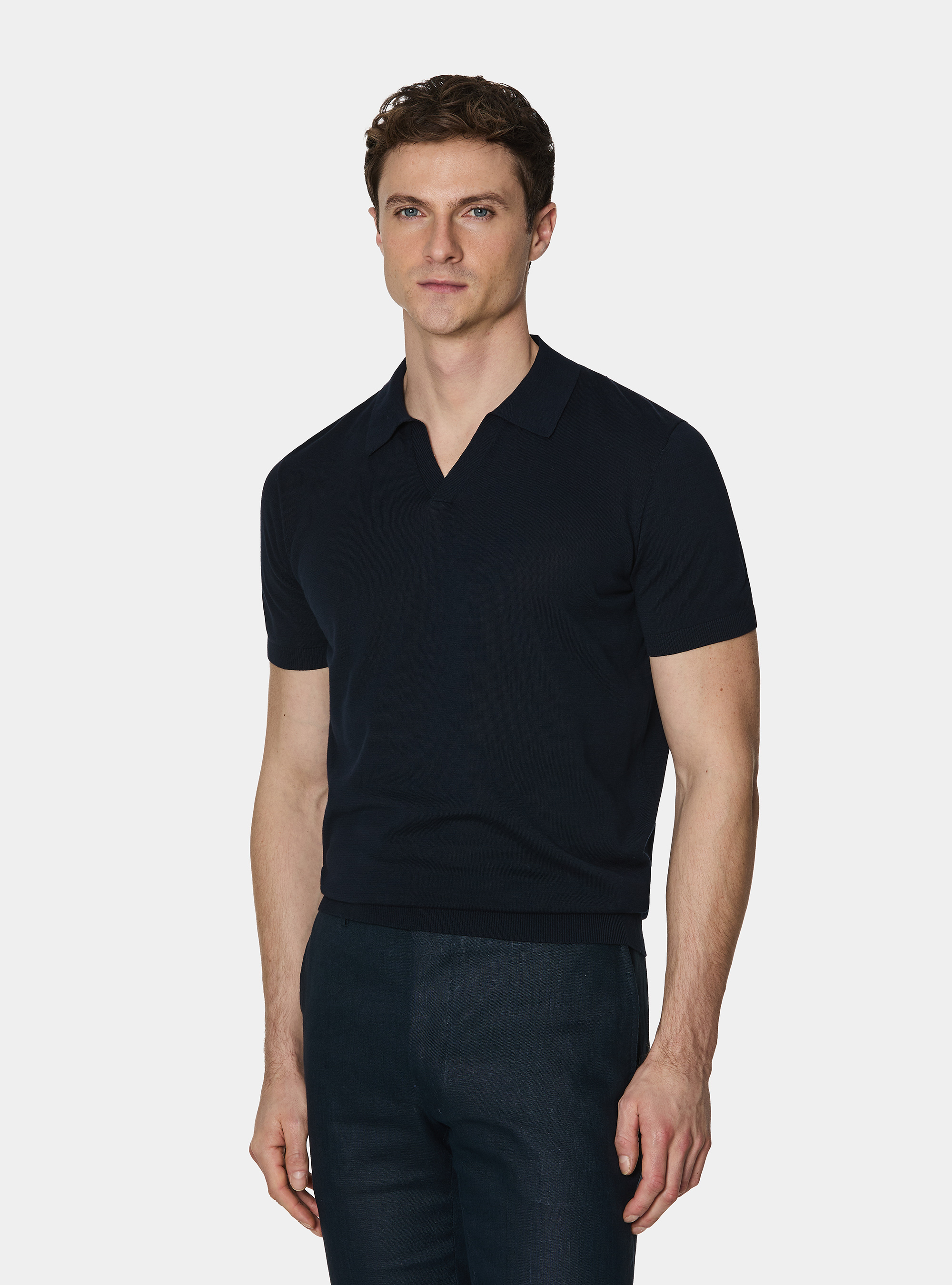 Buttonless knitted polo shirt in extra-fine cotton, NAVY BLUE