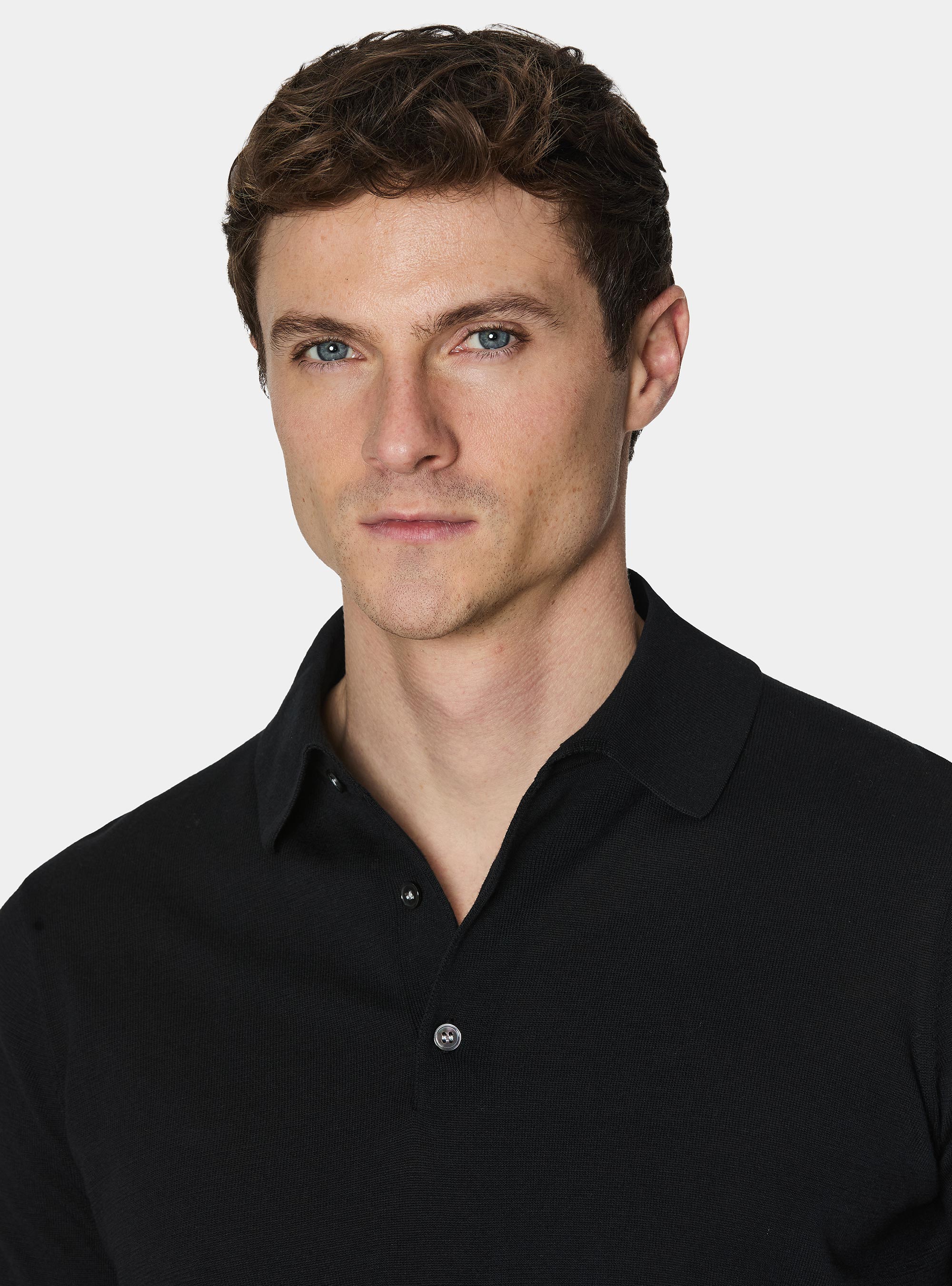 Extra-fine cotton knit polo shirt, BLACK