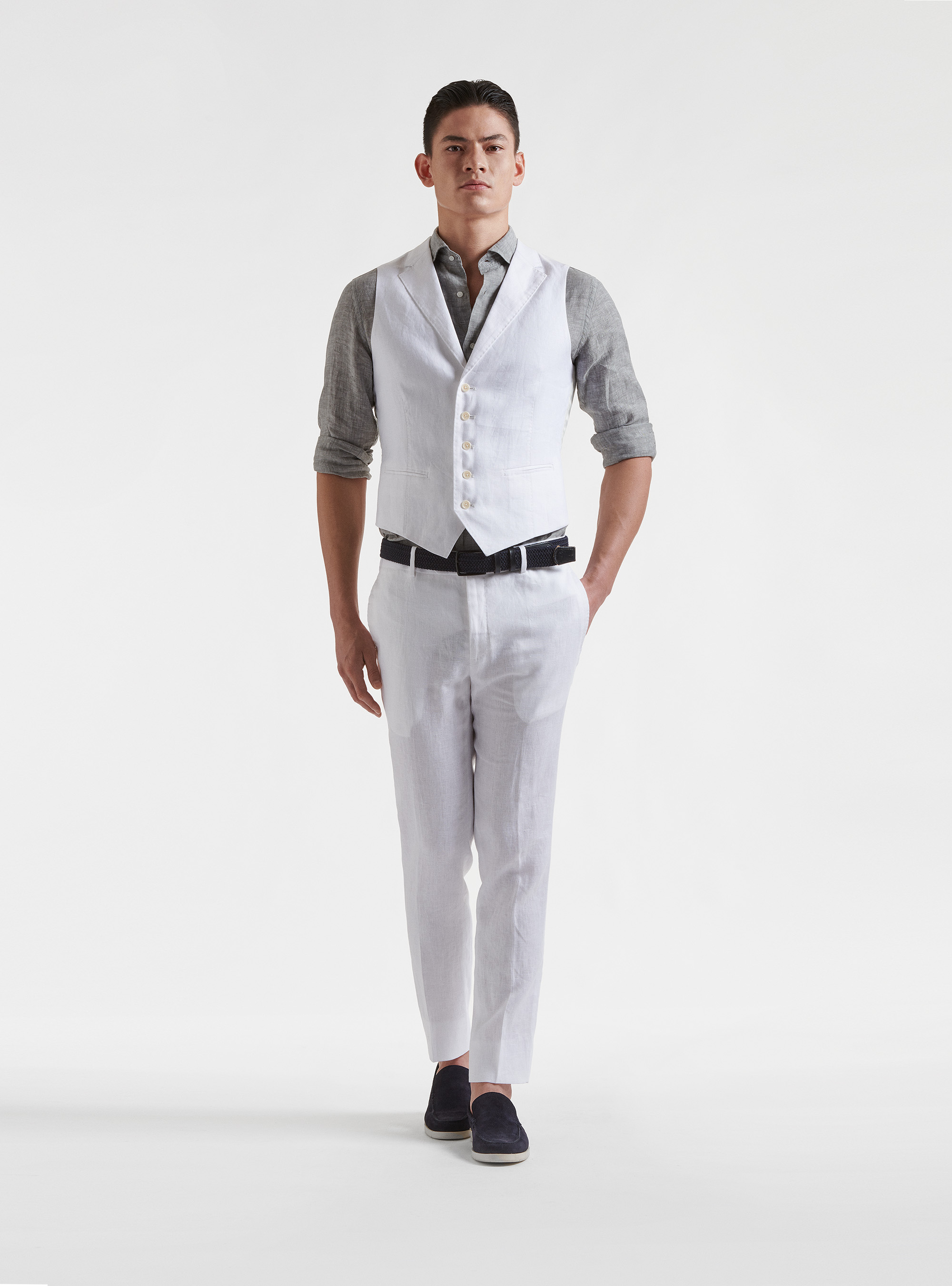 Pure linen single-breasted waistcoat with lapels, WHITE