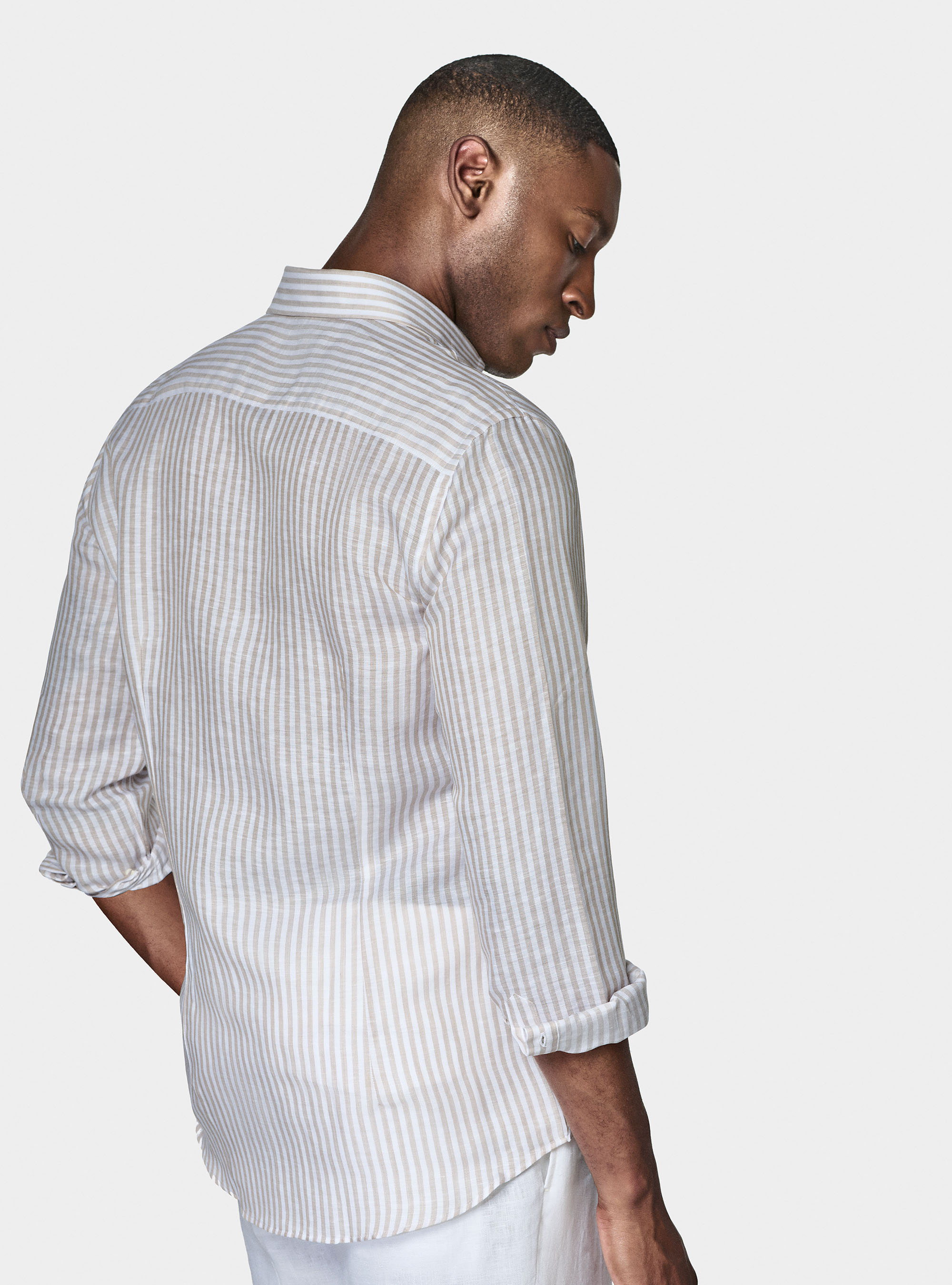 Camicia rigata in misto lino, SABBIA
