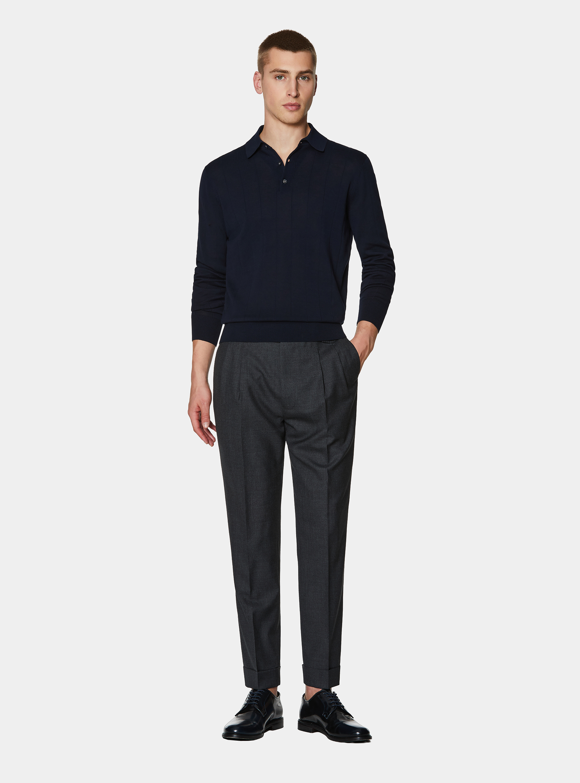 Lang&auml;rmeliges Strick-Poloshirt, NAVY 0218C