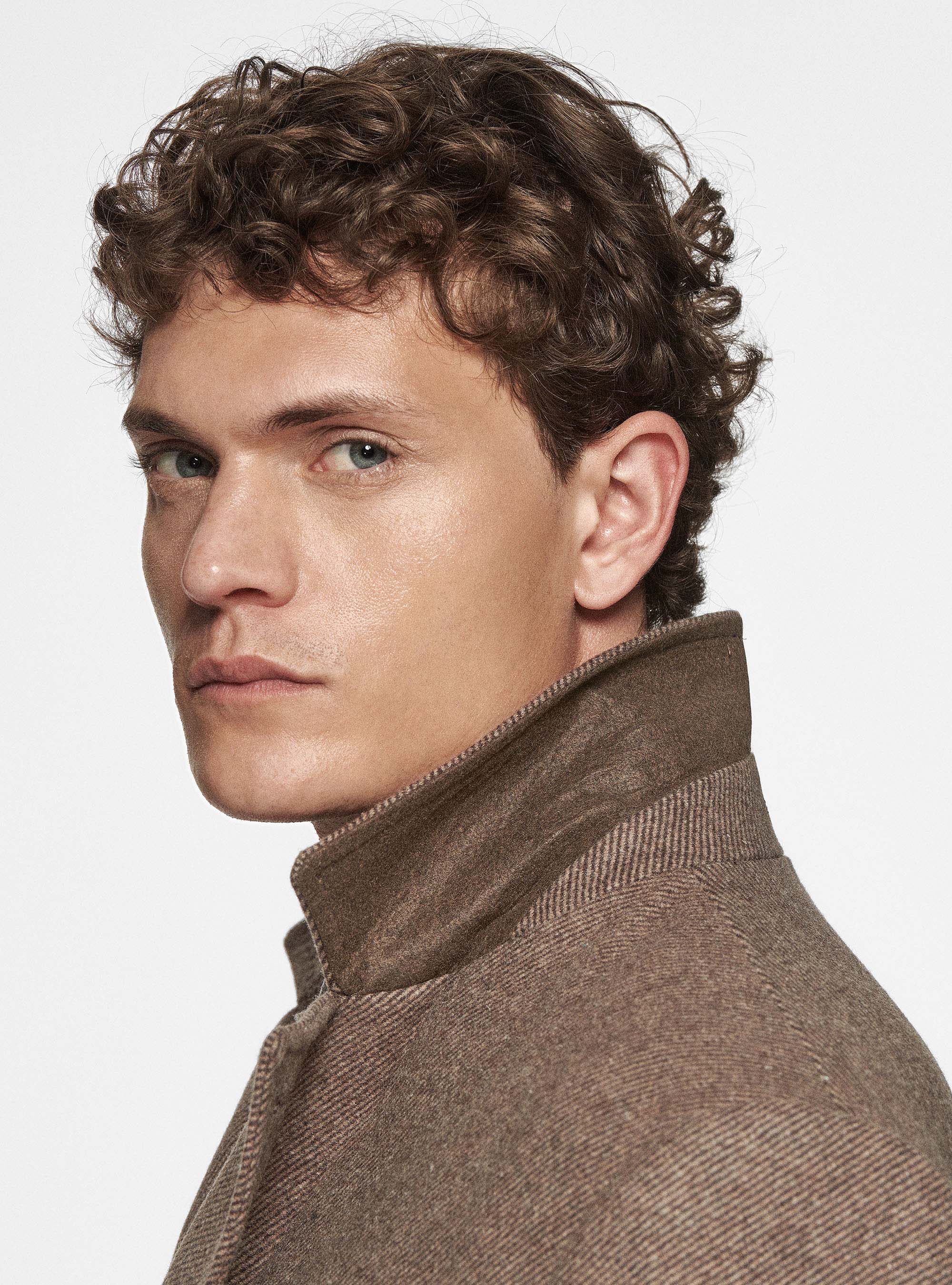 Wool and silk diagonal double-breasted coat, BROWN
