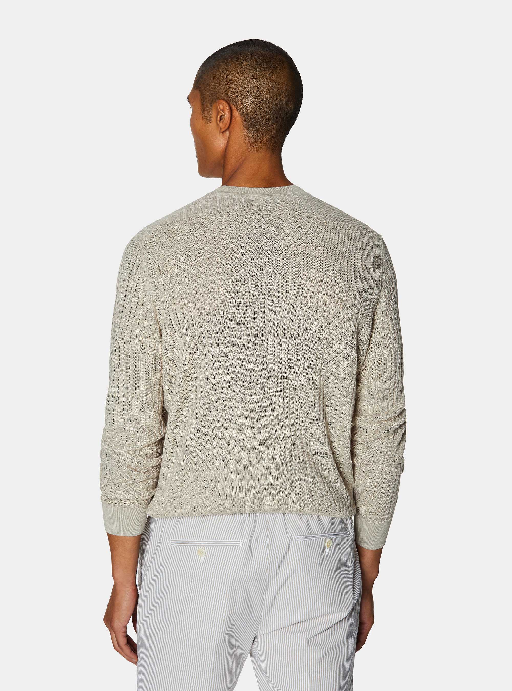 Pure linen ribbed crew neck sweater, SAND