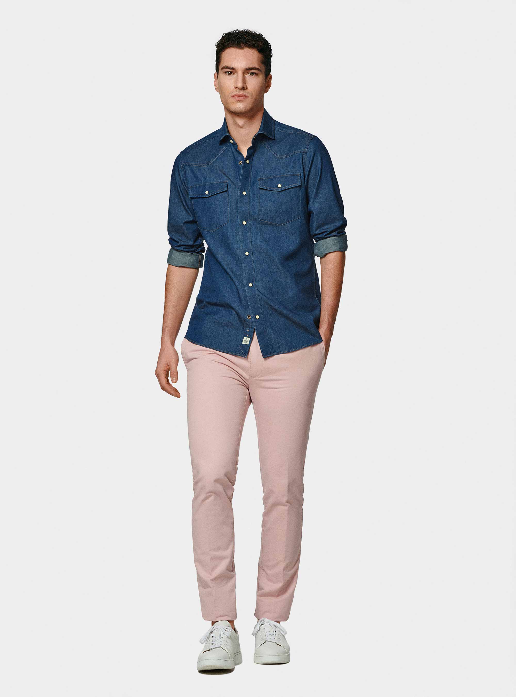 Cotton chambray western shirt, NAVY BLUE