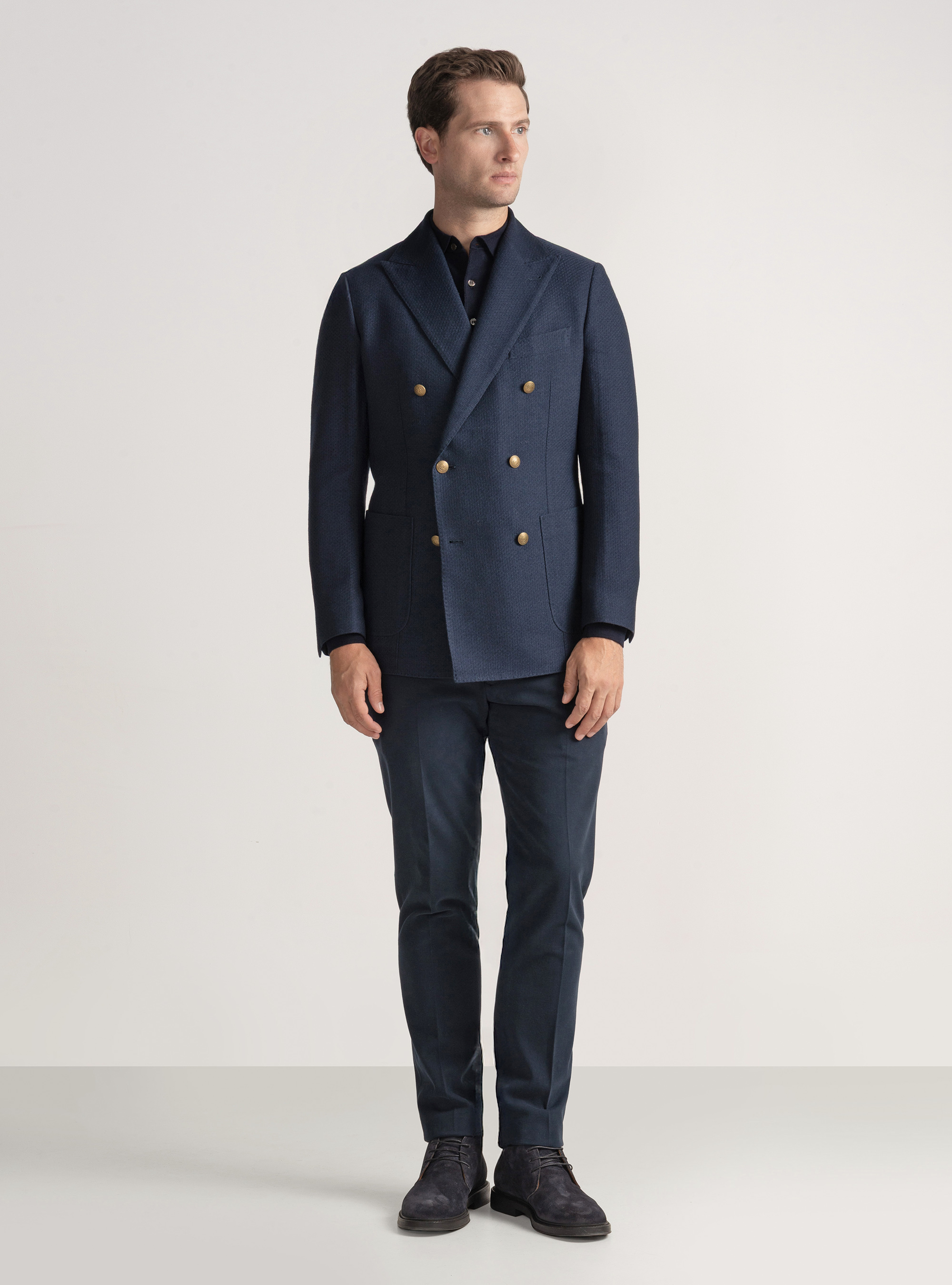 Double-breasted leno blazer in wool and cotton, NAVY BLUE