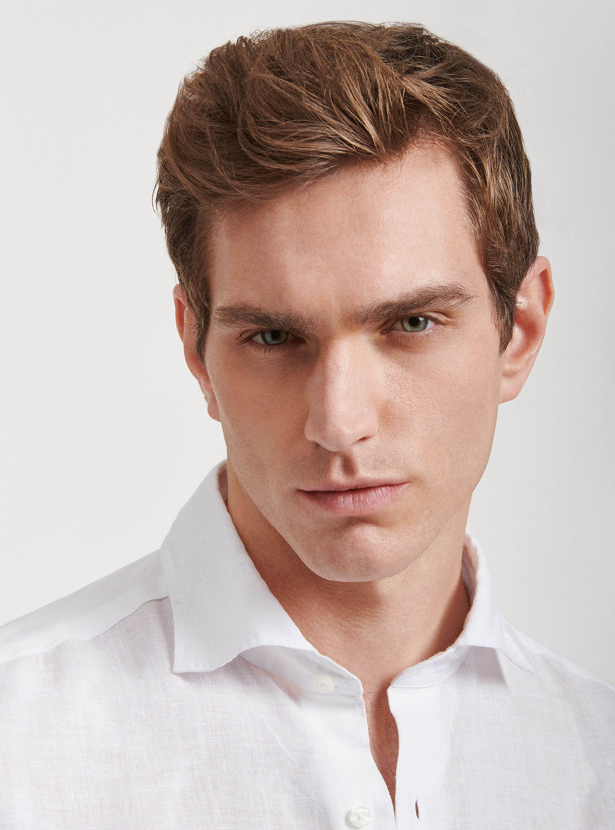 Camicia collo semi francese in puro lino, BIANCO