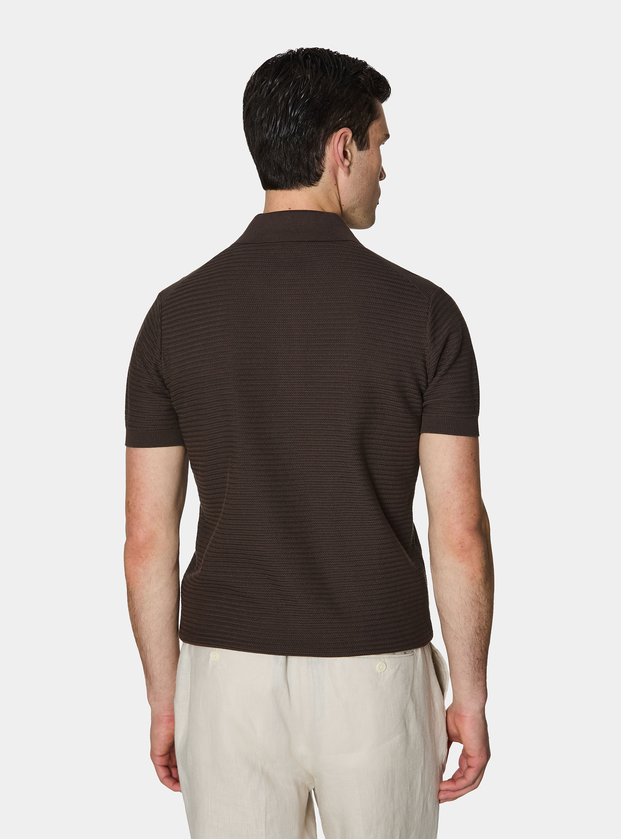Polo en maille de coton textur&eacute;, MARRON