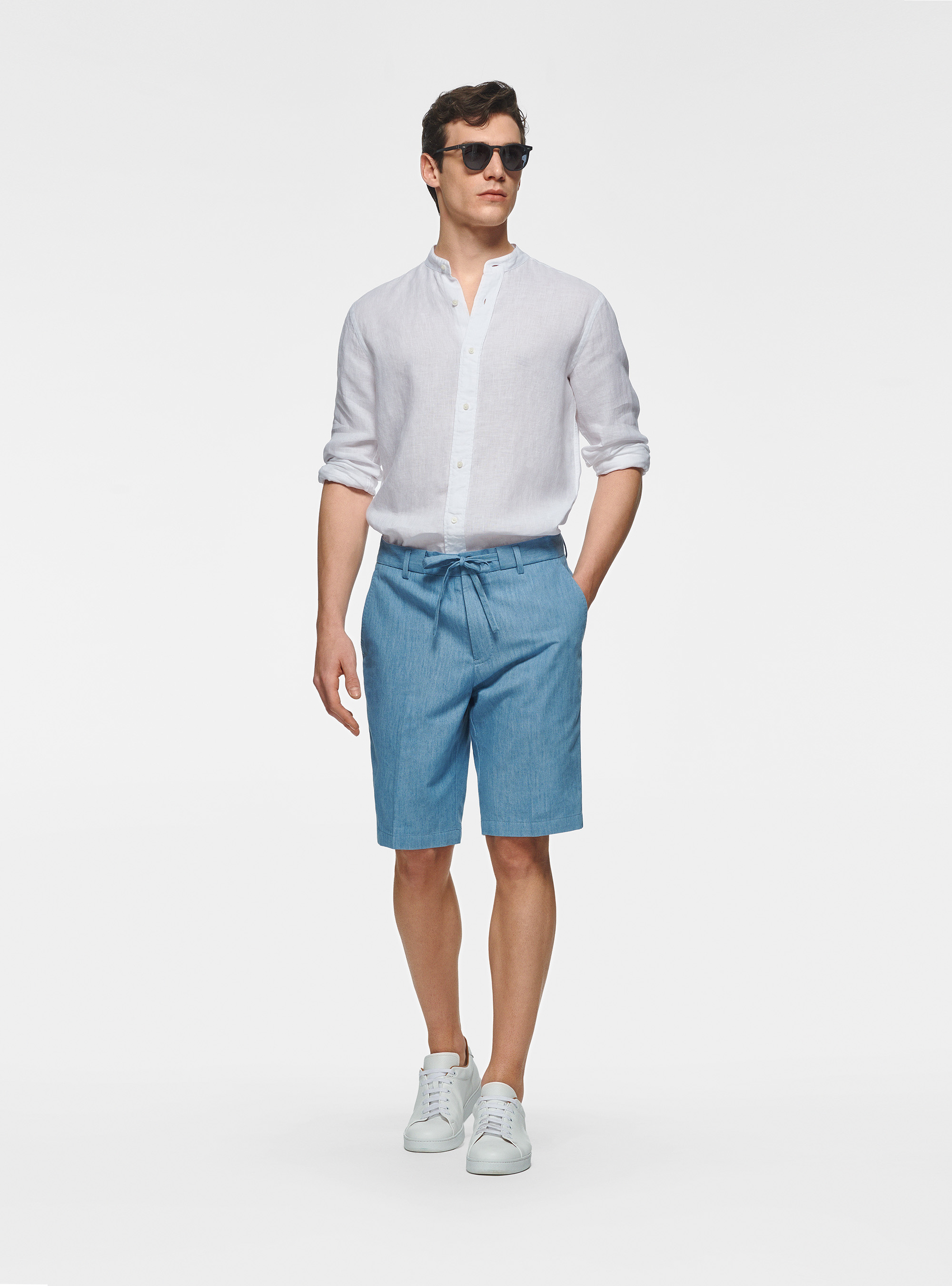 Camicia coreana in puro lino, BIANCO