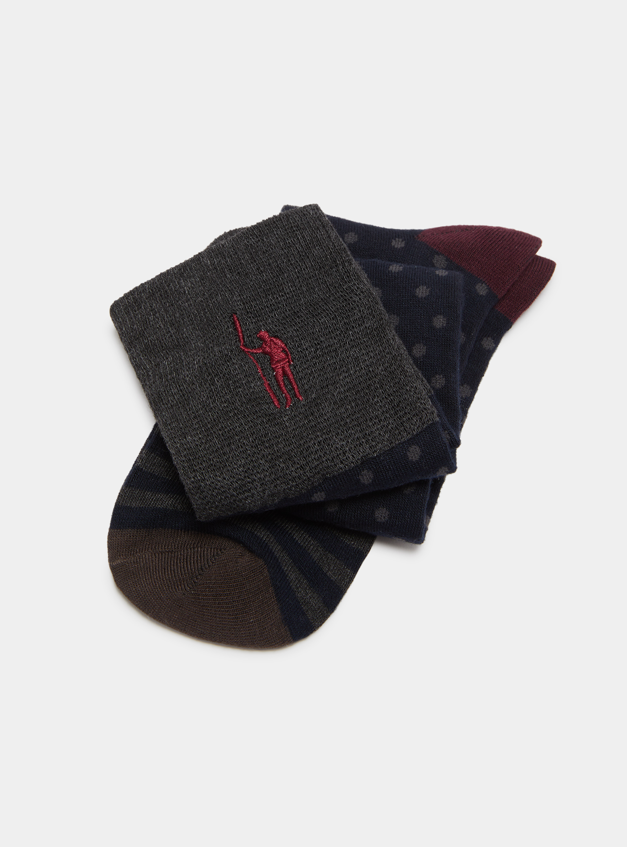 Polka dot and striped long socks with embroidery, NAVY BLUE