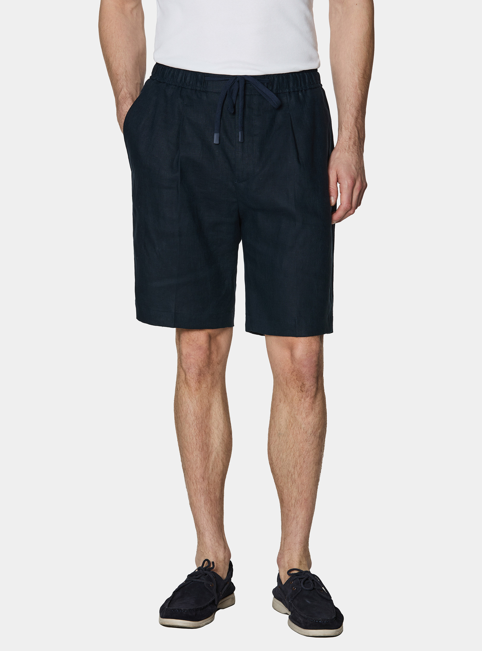 Linen Bermuda shorts with drawstring, NAVY BLUE