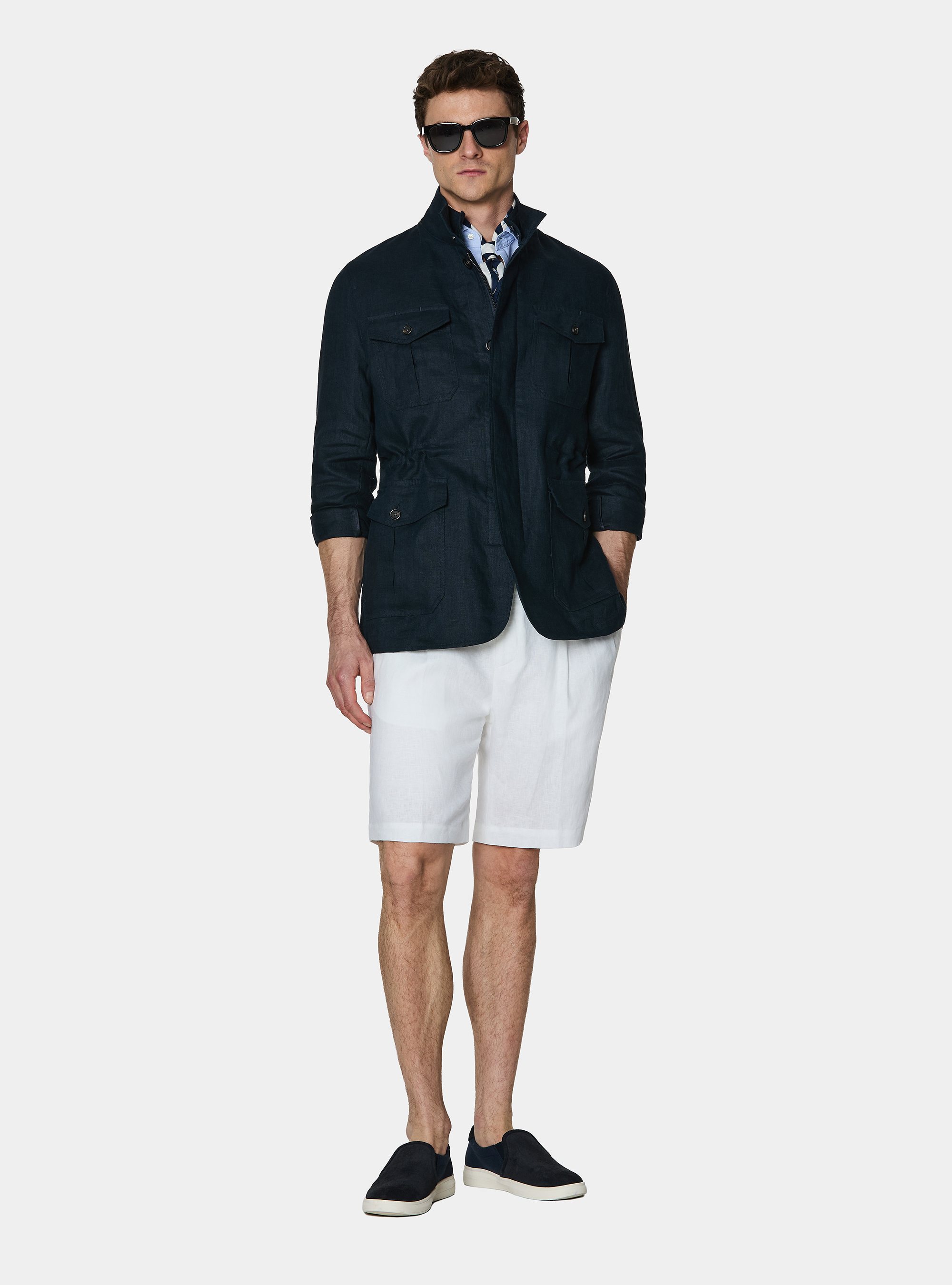 Field jacket en lin pur, BLEU MARINE