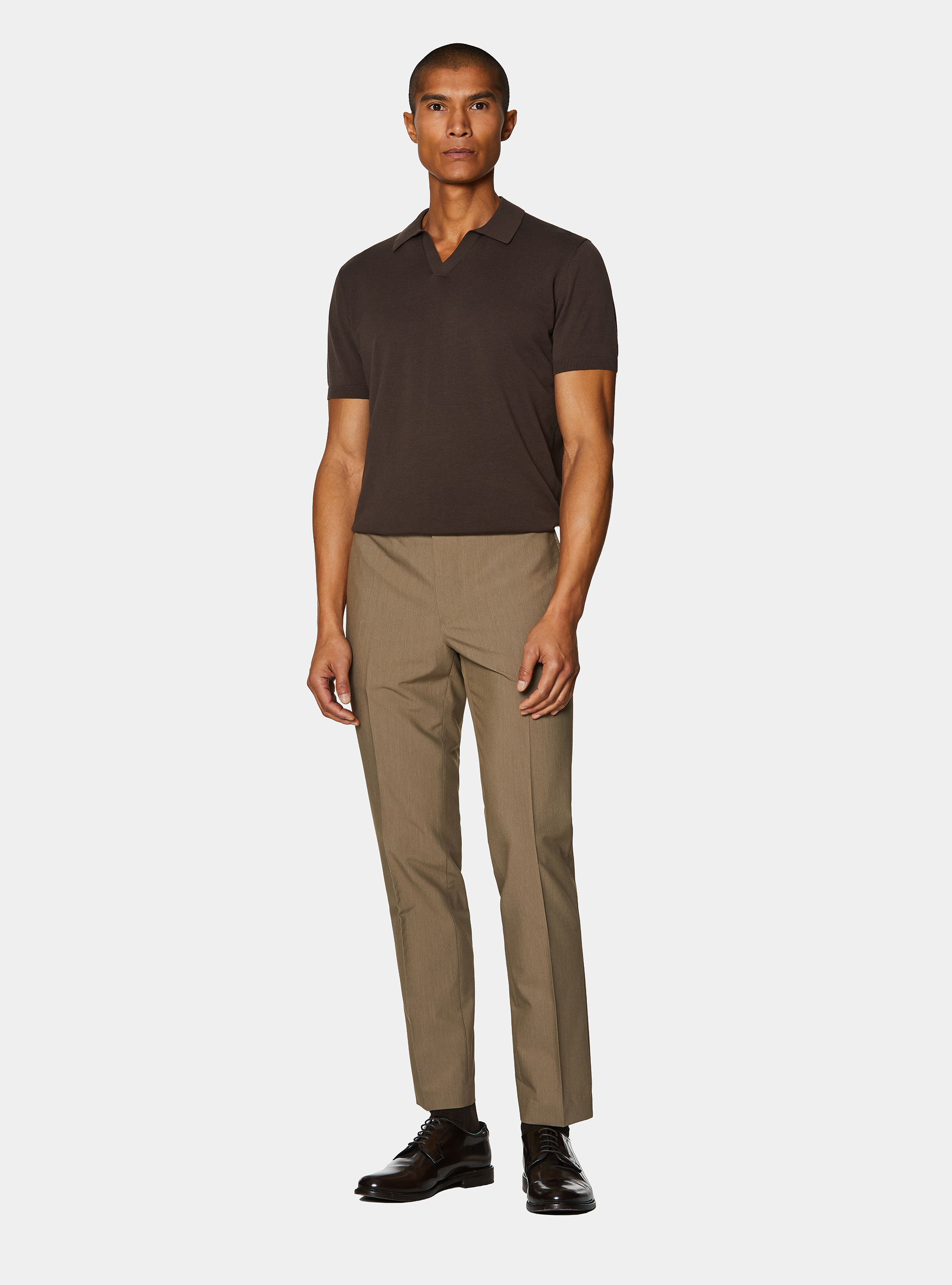 Buttonless knitted polo shirt in extra-fine cotton, BROWN