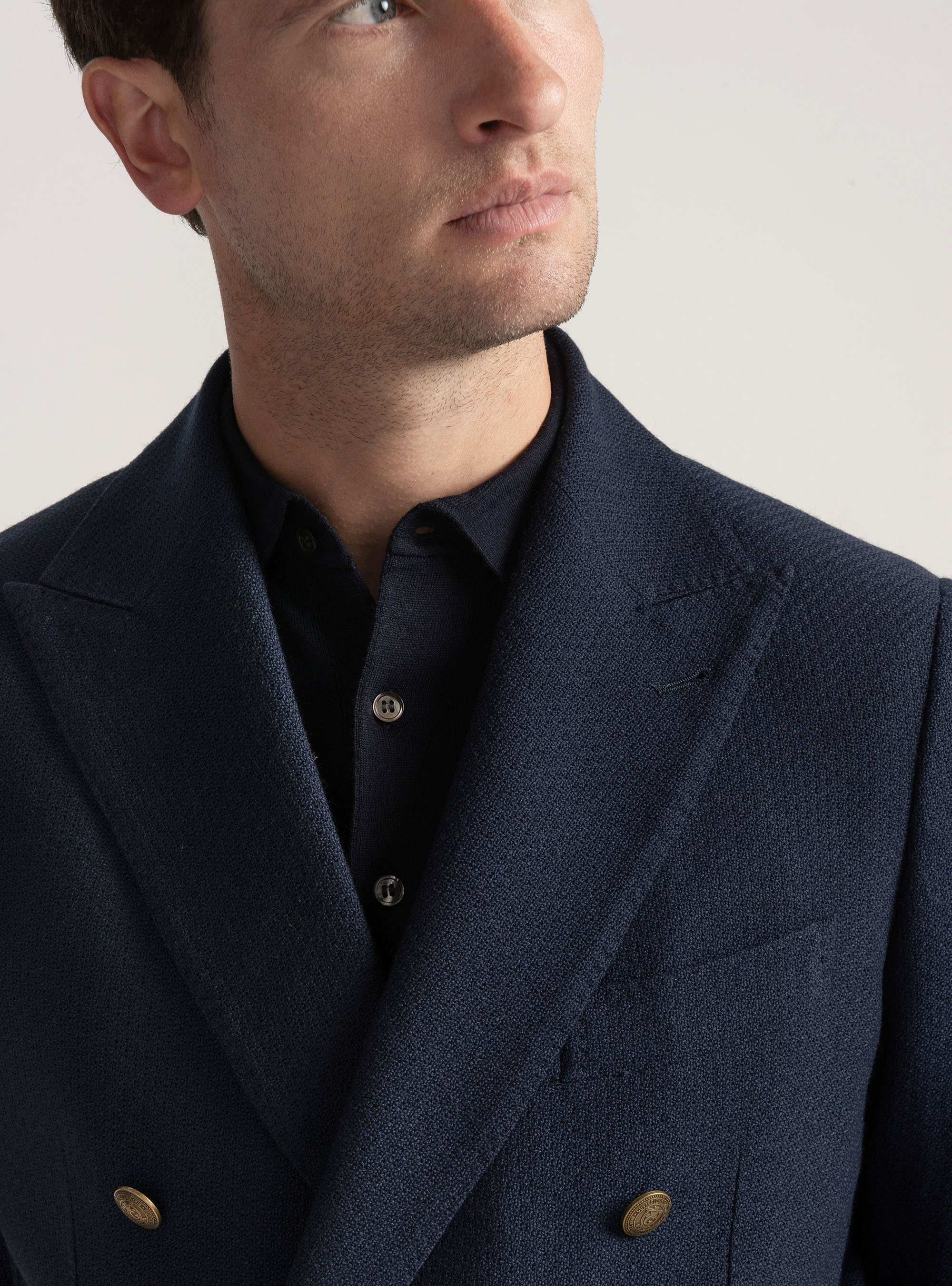 Double-breasted leno blazer in wool and cotton, NAVY BLUE