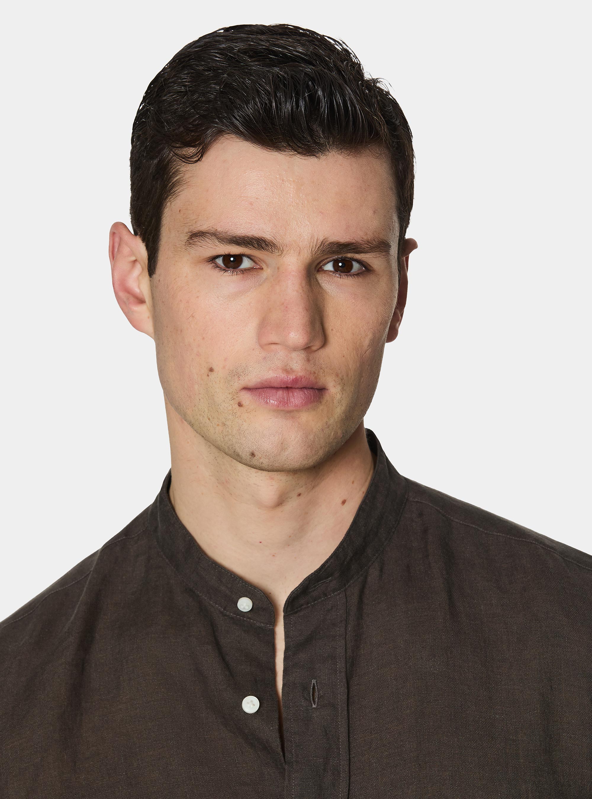 Korean shirt in pure linen, BROWN