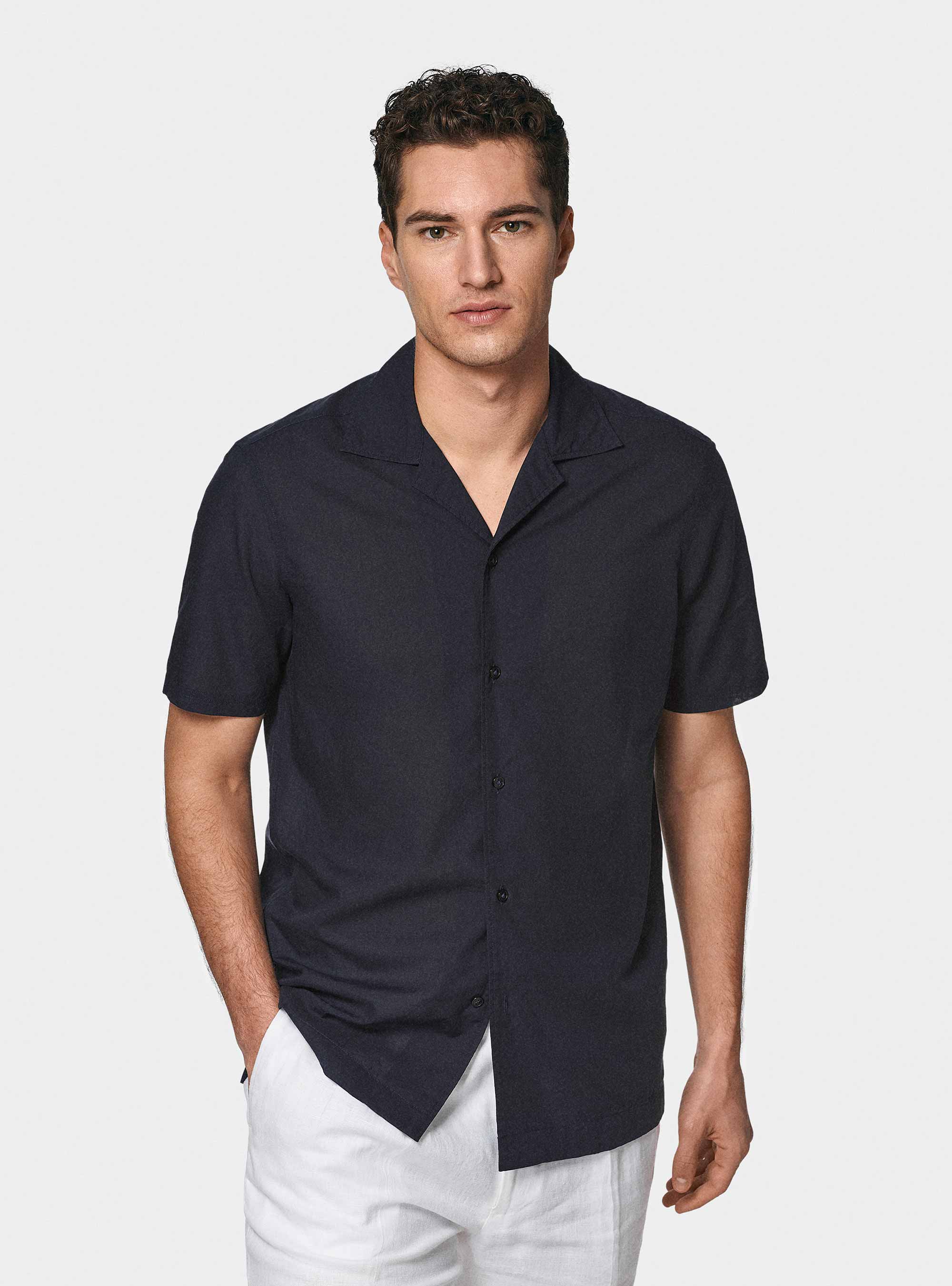 Camicia bowling in puro cotone, BLU NAVY
