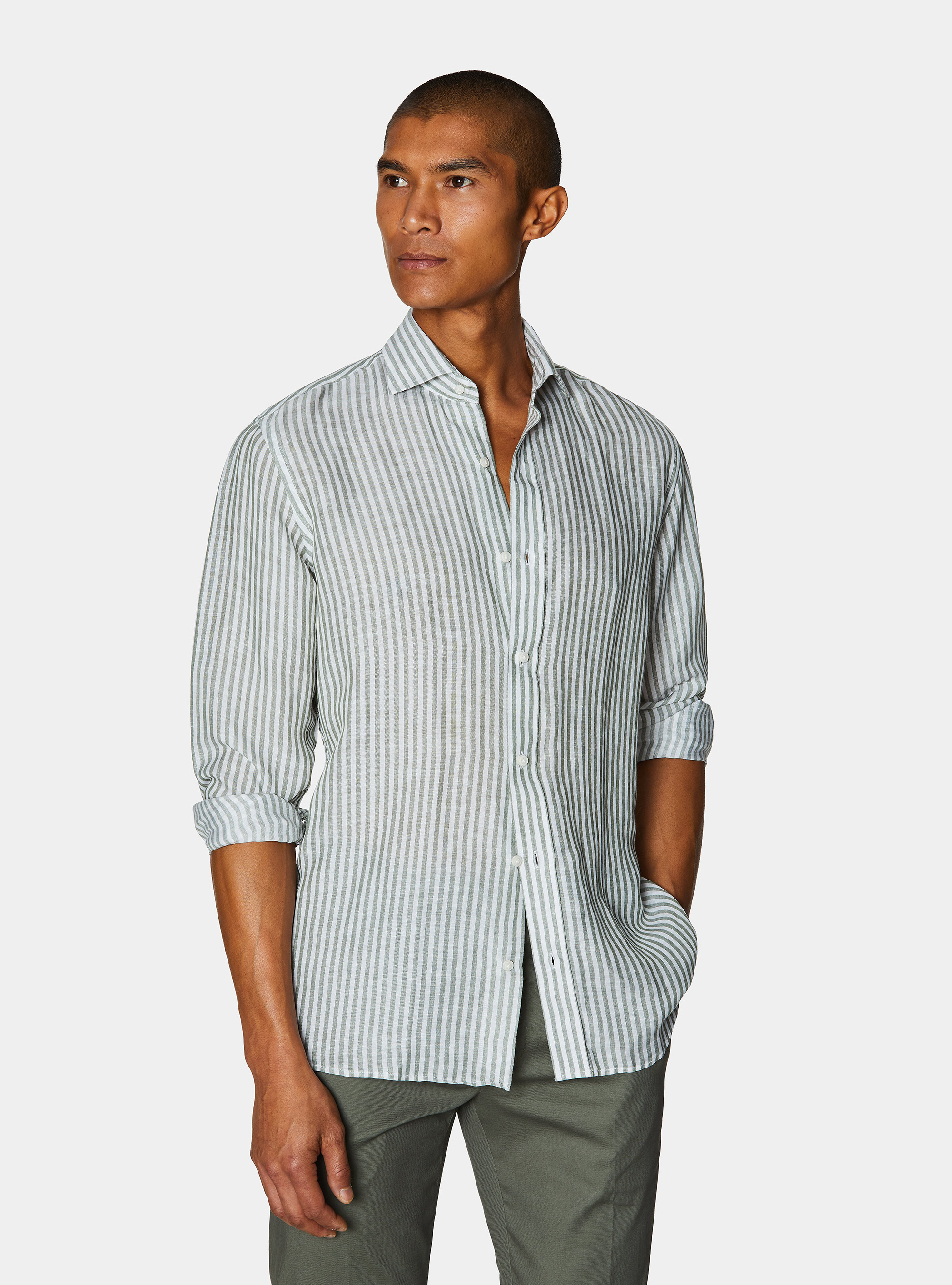 Linen blend striped shirt, GREEN