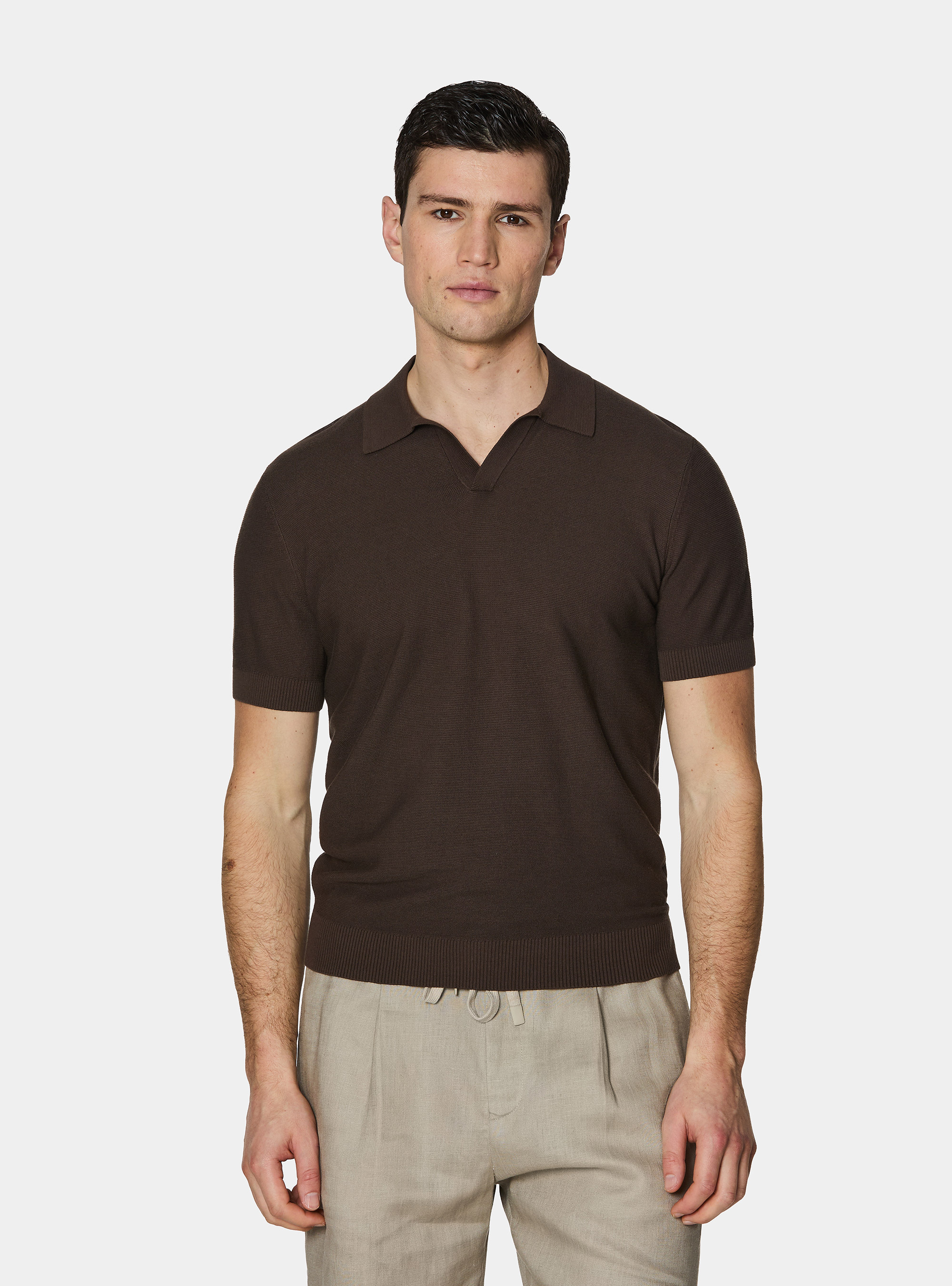 Gestricktes Links-Poloshirt aus extrafeiner Baumwolle, MARRONE 0507C