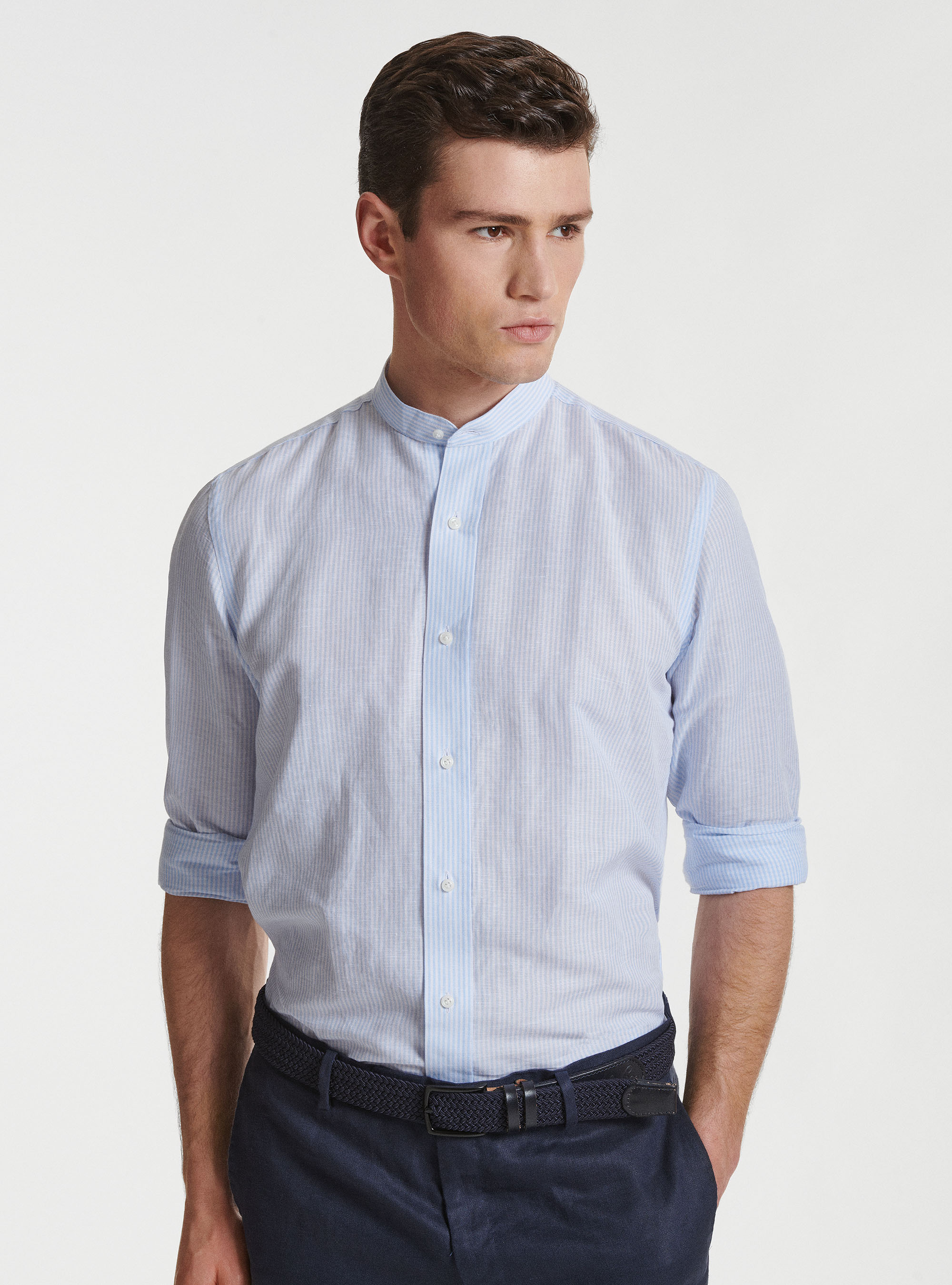 Korean collar shirt in linen and cotton, LIGHT BLUE