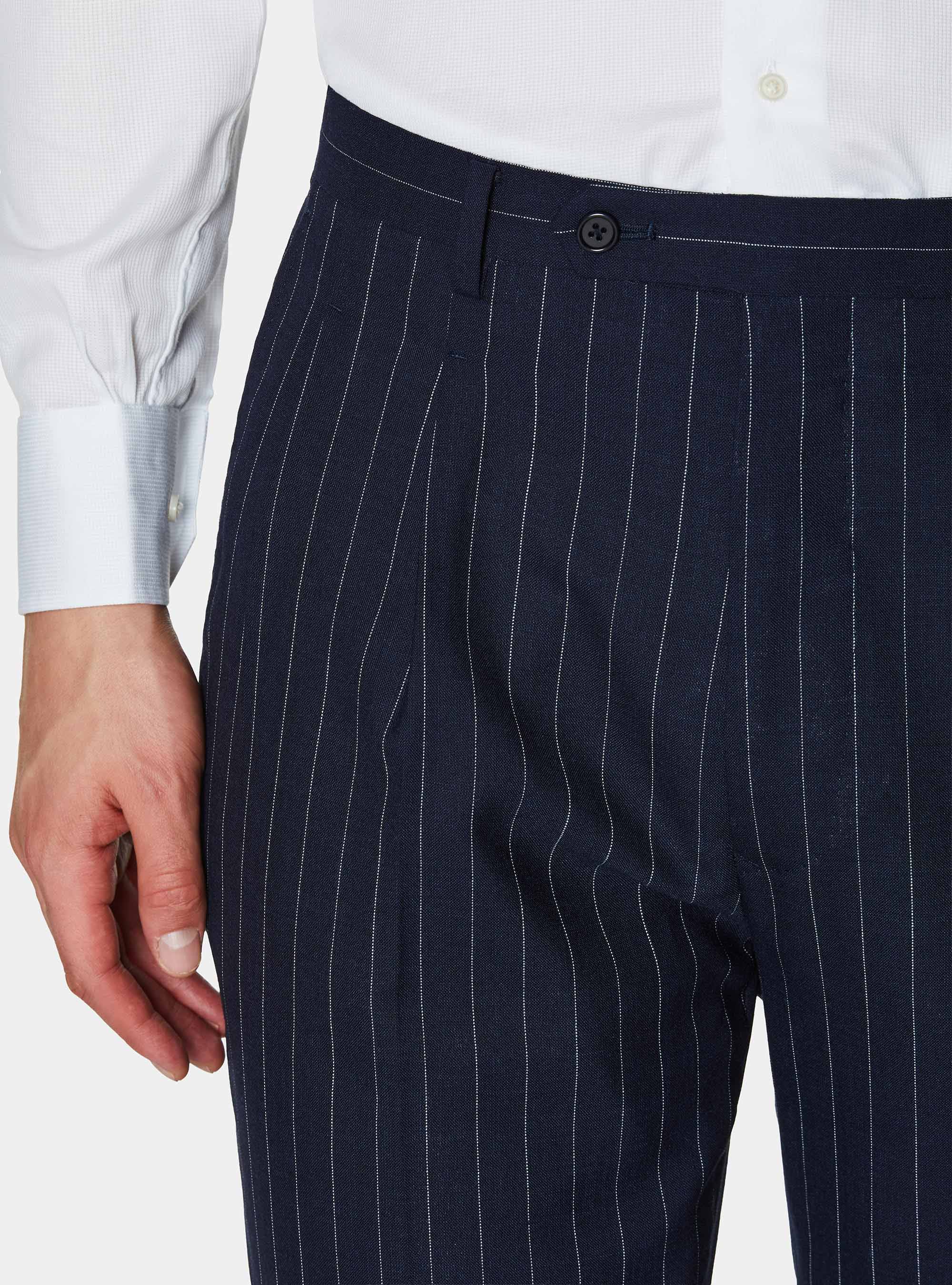 Double-breasted pinstriped wool suit trousers, NAVY BLUE