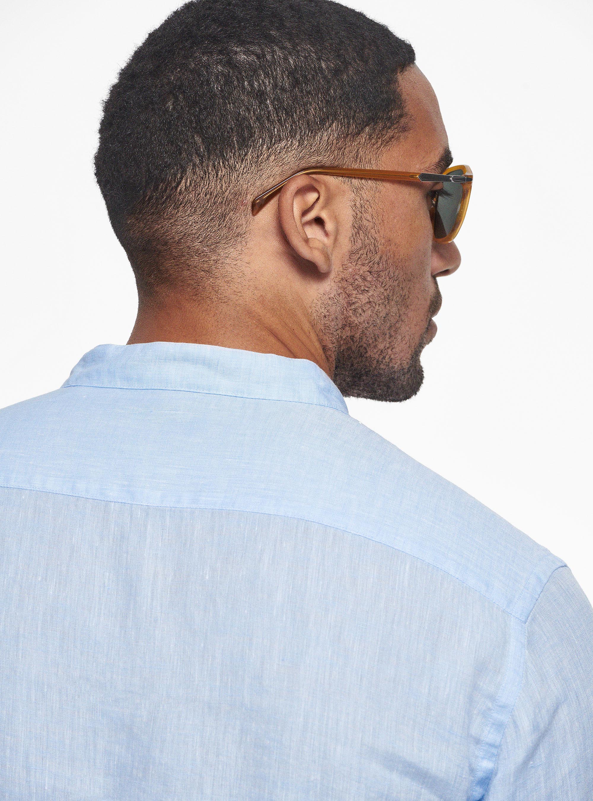 Camicia coreana in puro lino, AZZURRO