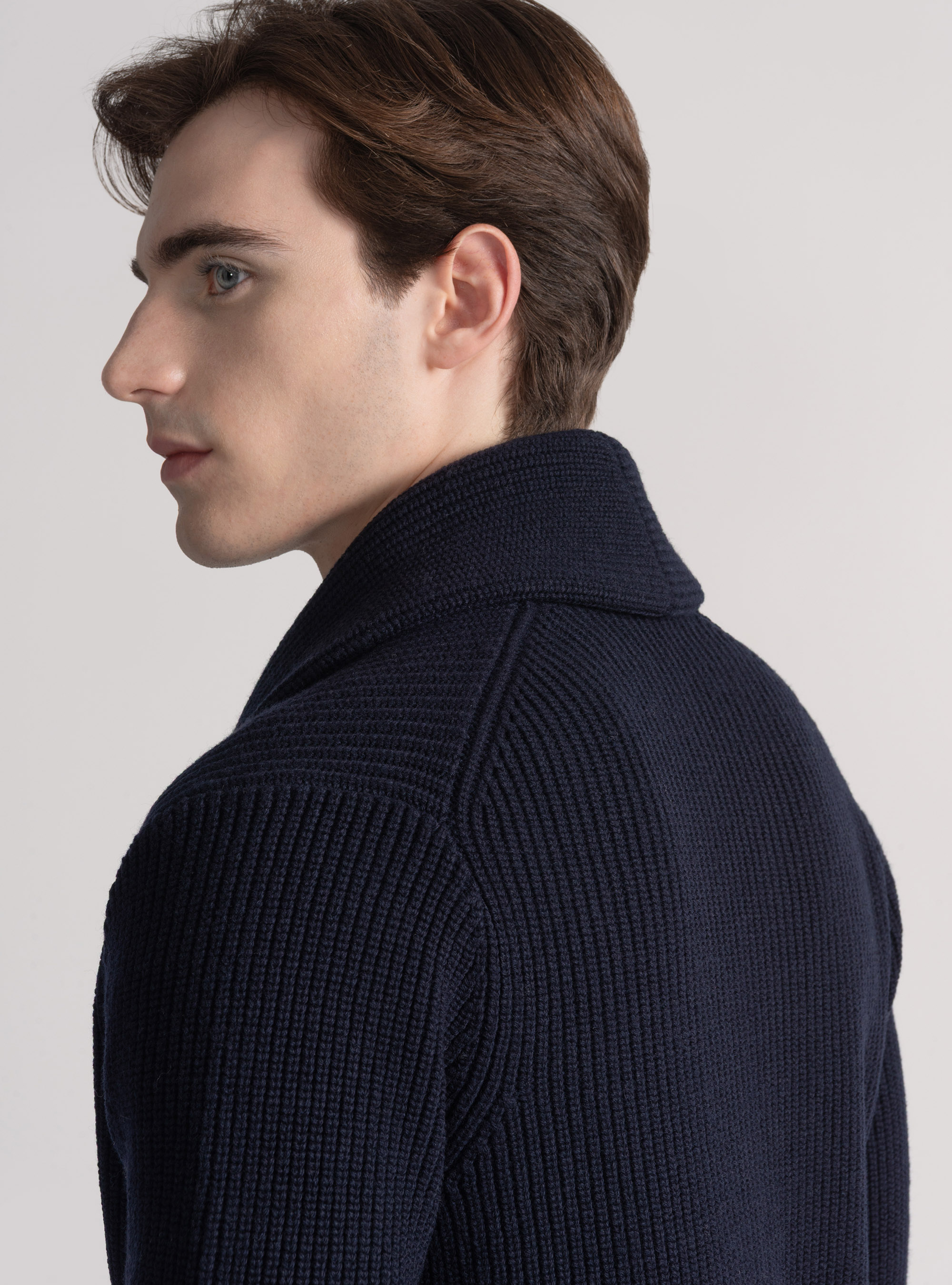 Merino wool shawl knit cardigan, NAVY BLUE
