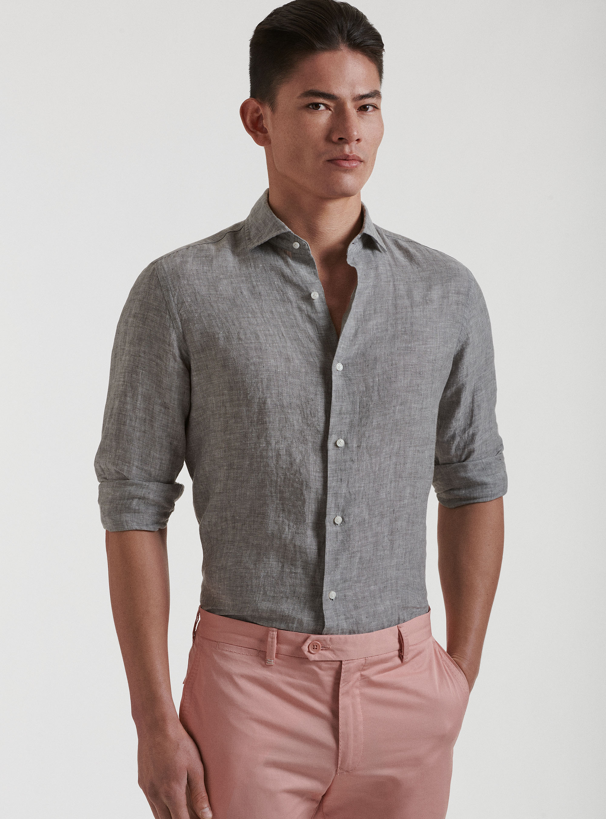 Chemise &agrave; col fran&ccedil;ais en pur lin, GRIS CLAIR M&Atilde; LANG&Atilde;
