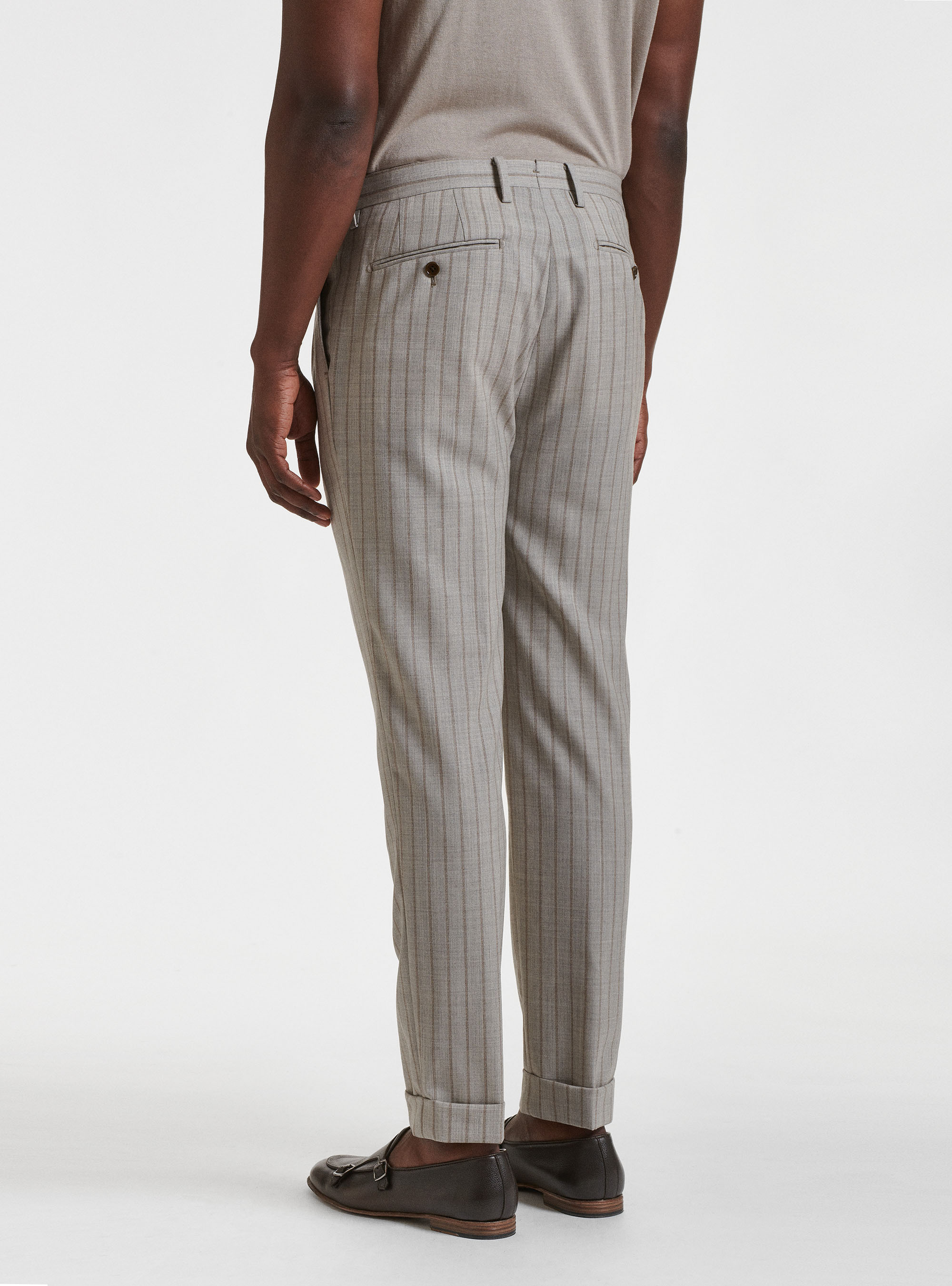 Pantalon &agrave; pinces doubles en pure laine ray&eacute;e, SABLE