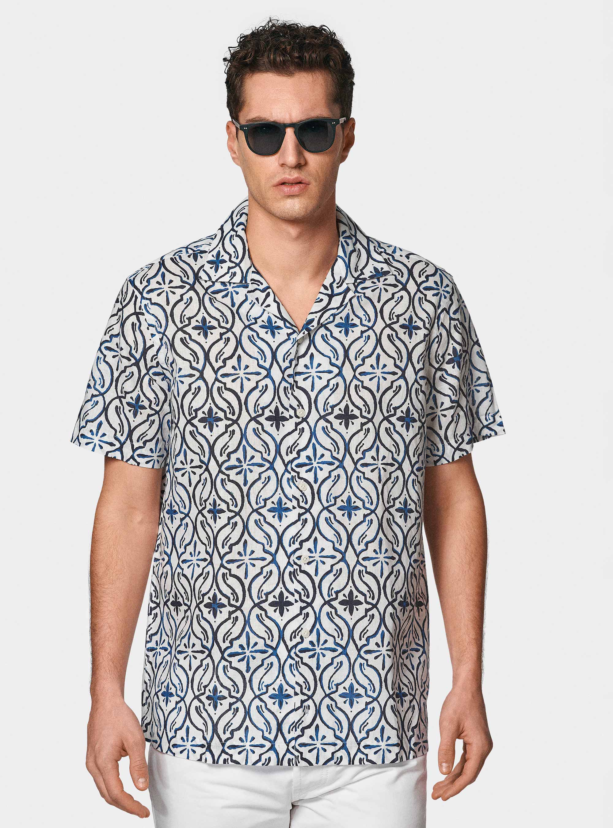 Bowling shirt in linen and printed cotton, NAVY BLUE