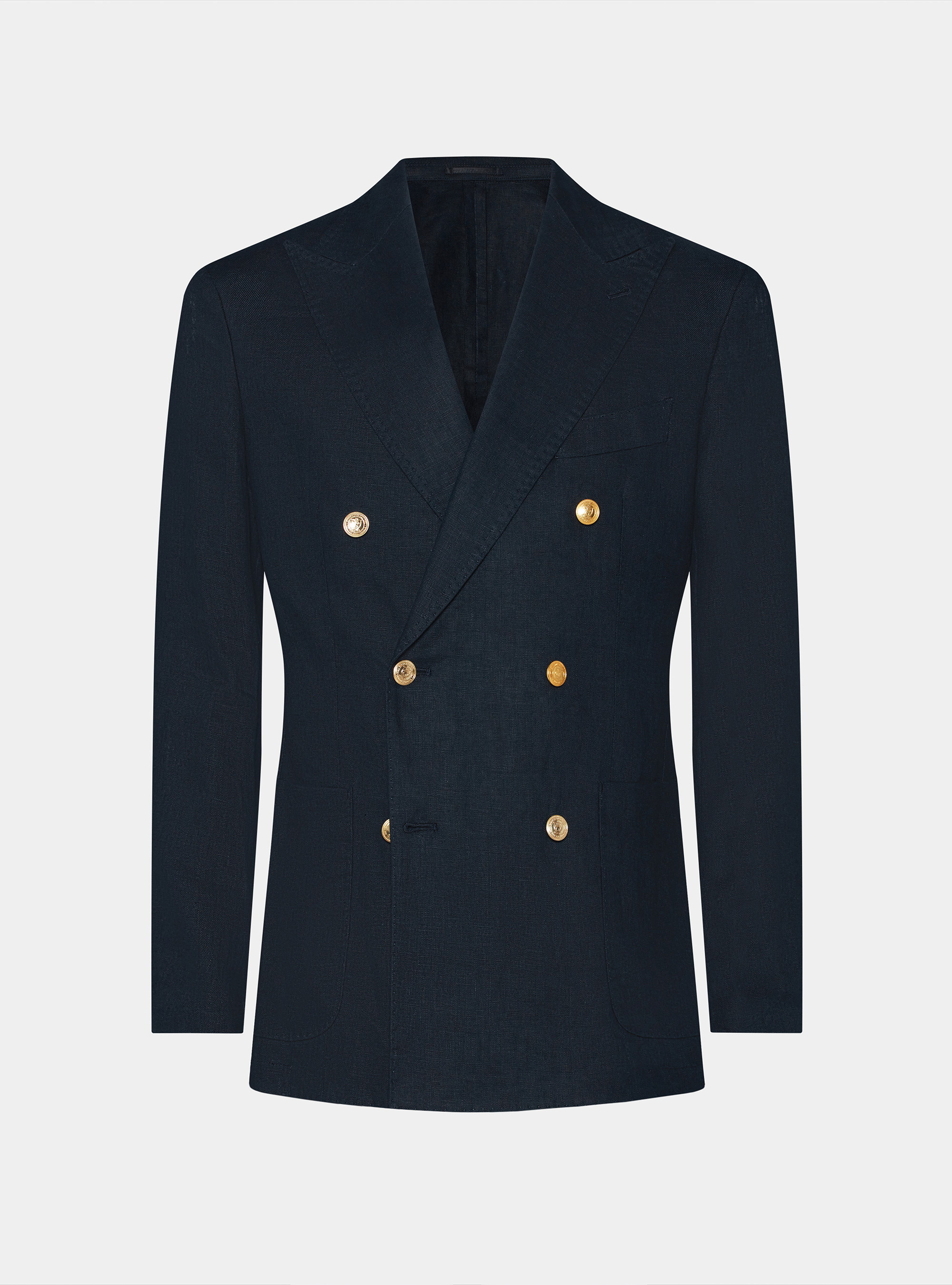 Veste crois&eacute;e en lin avec bouton m&eacute;tallique, BLEU MARINE