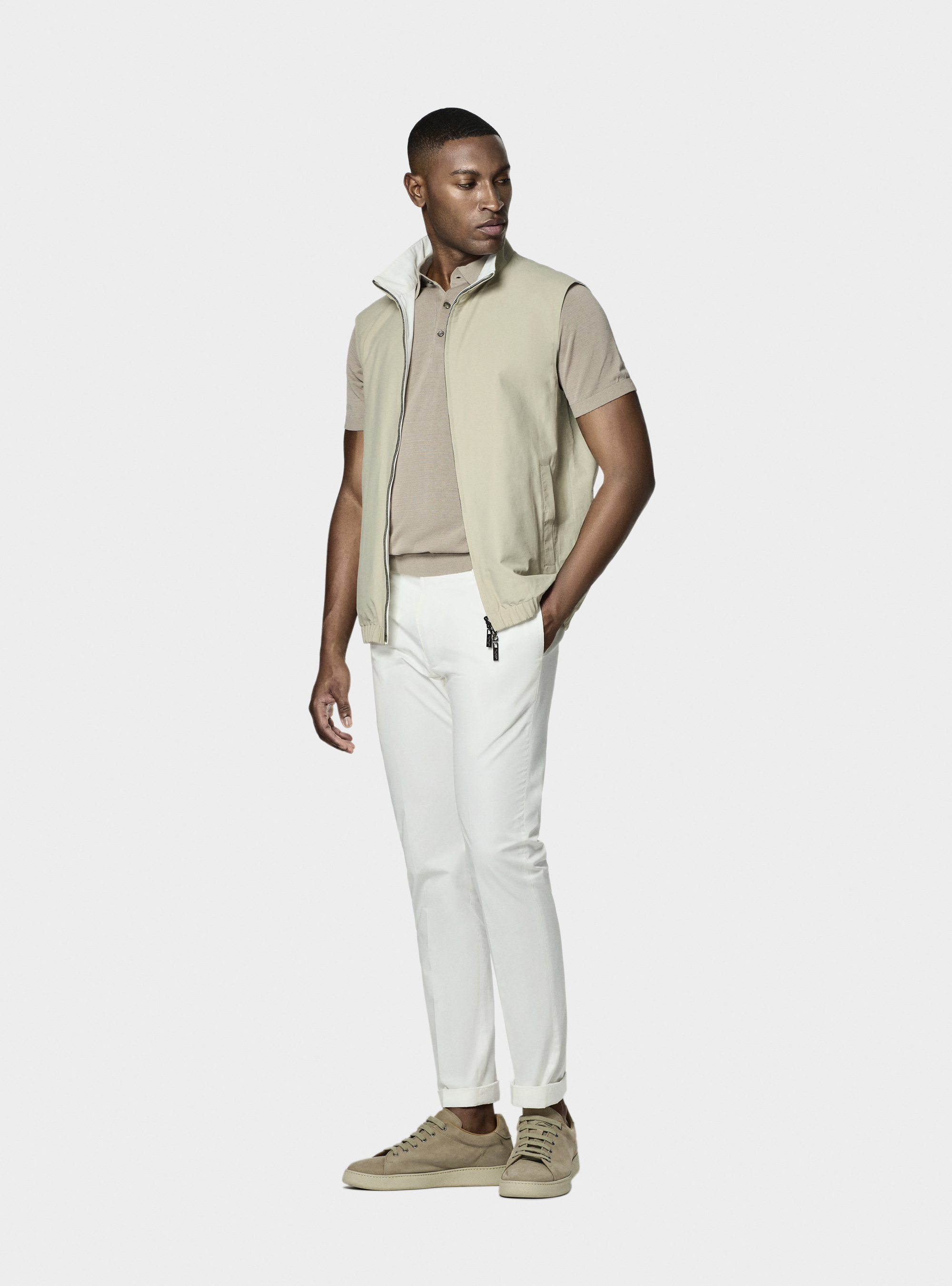Reversible cotton-blend sleeveless jacket, SAND