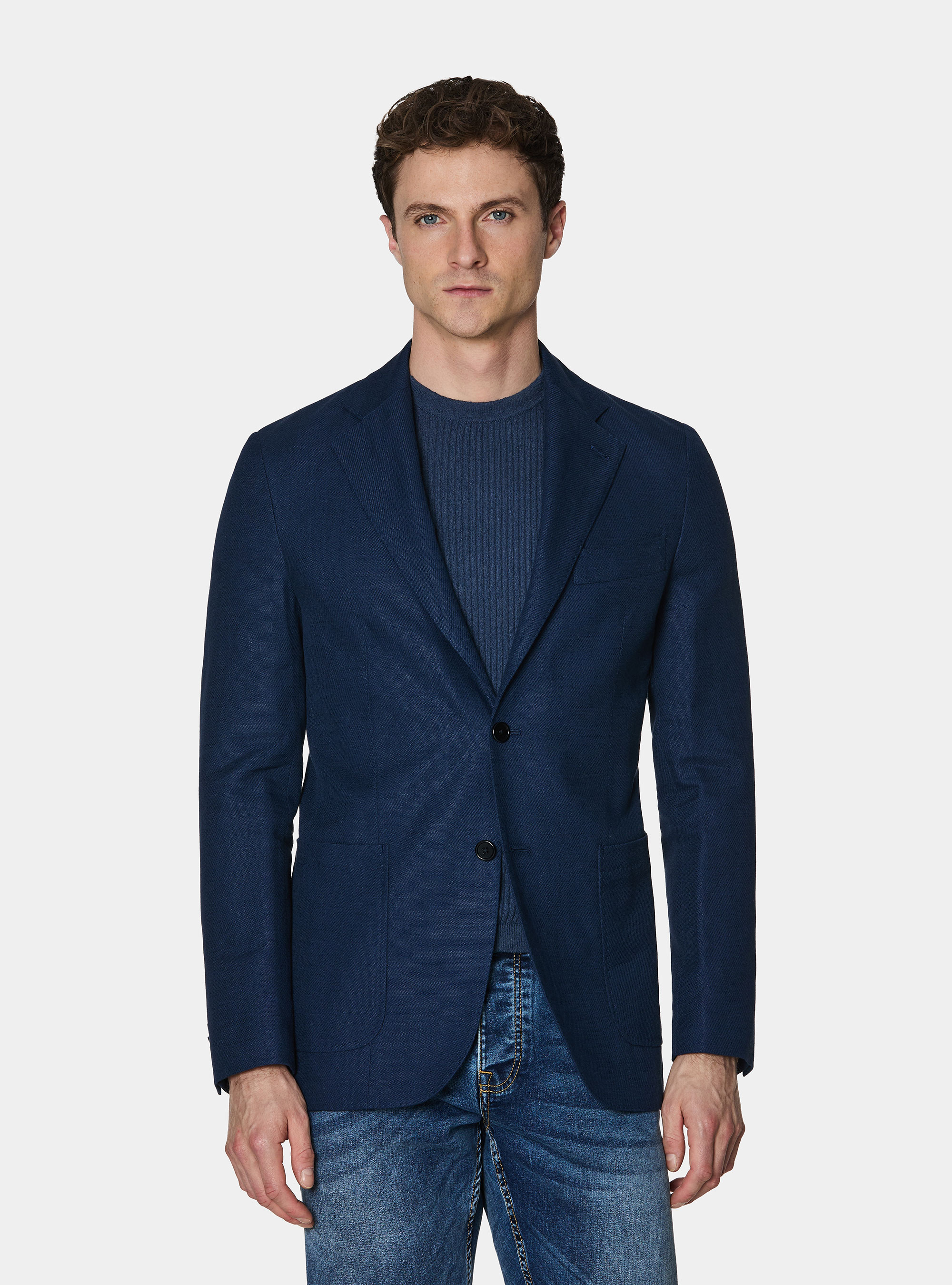Blazer in cotton and slubbed linen, NAVY BLUE