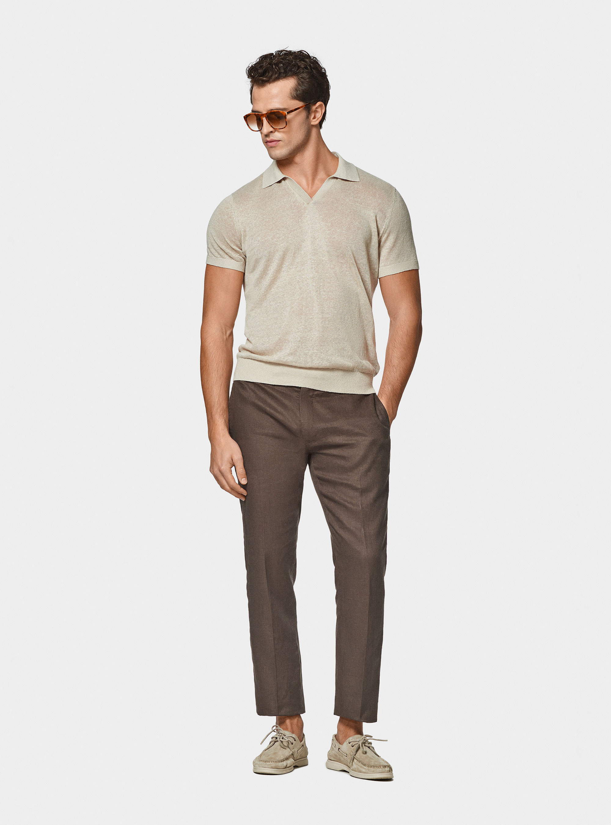 Buttonless knitted polo shirt in pure linen, ECRU