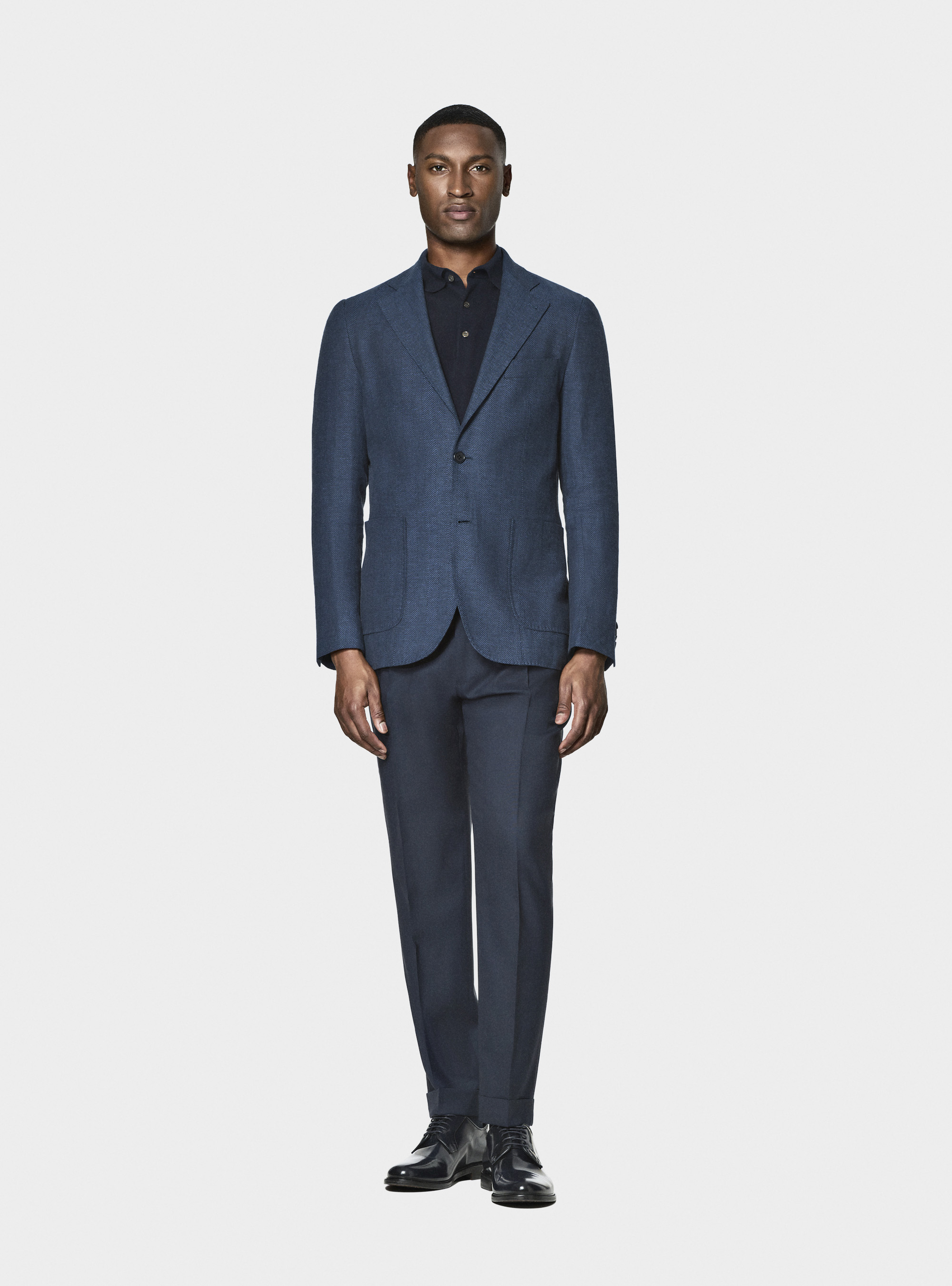Herringbone blazer in linen and cotton, NAVY BLUE