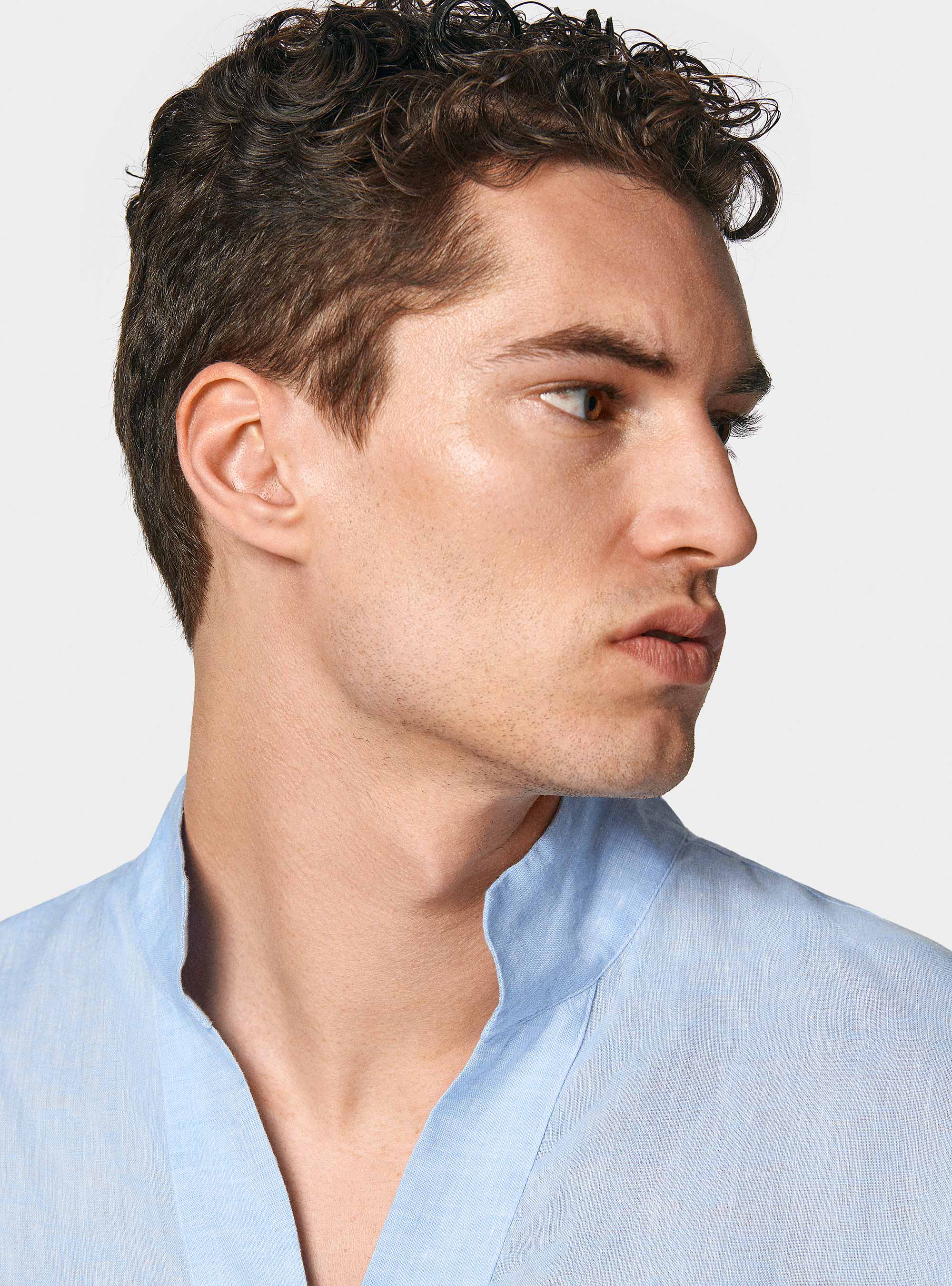 Camicia coreana in puro lino, AZZURRO