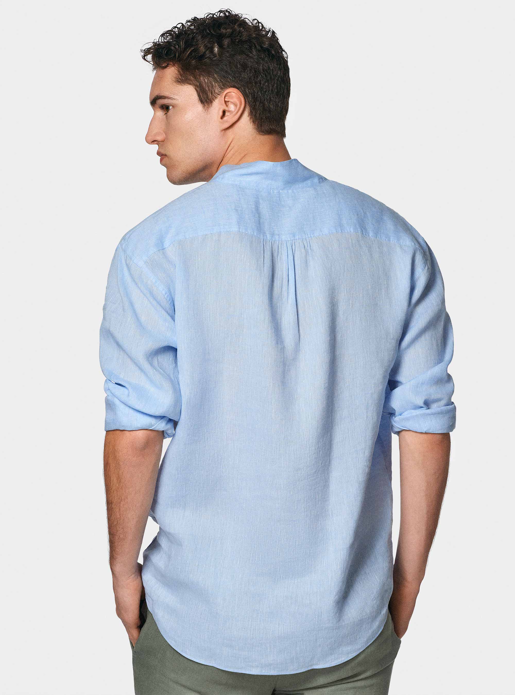 Camicia coreana in puro lino, AZZURRO