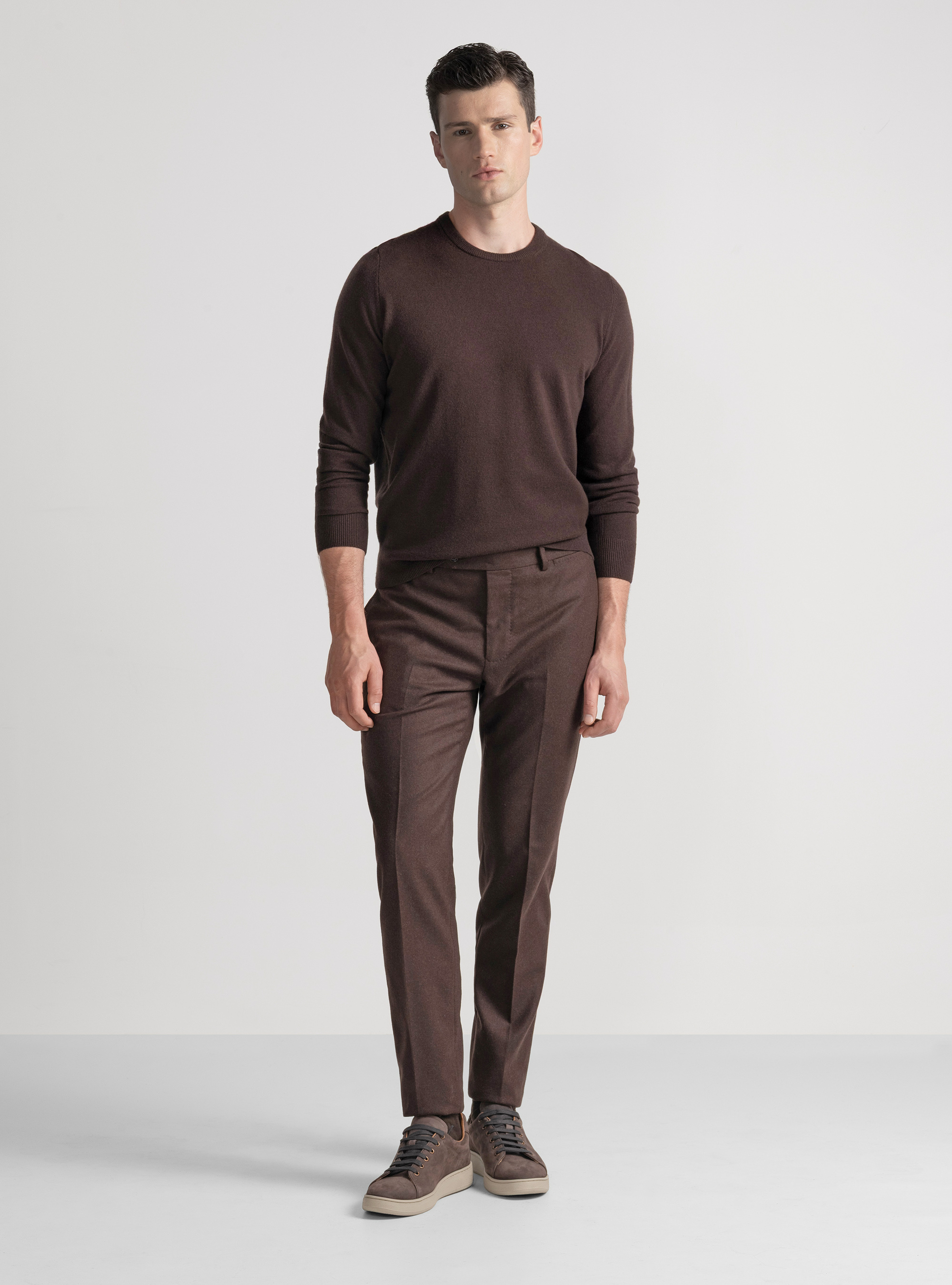 Maglia girocollo in lana lambswool e cashmere, MARRONE