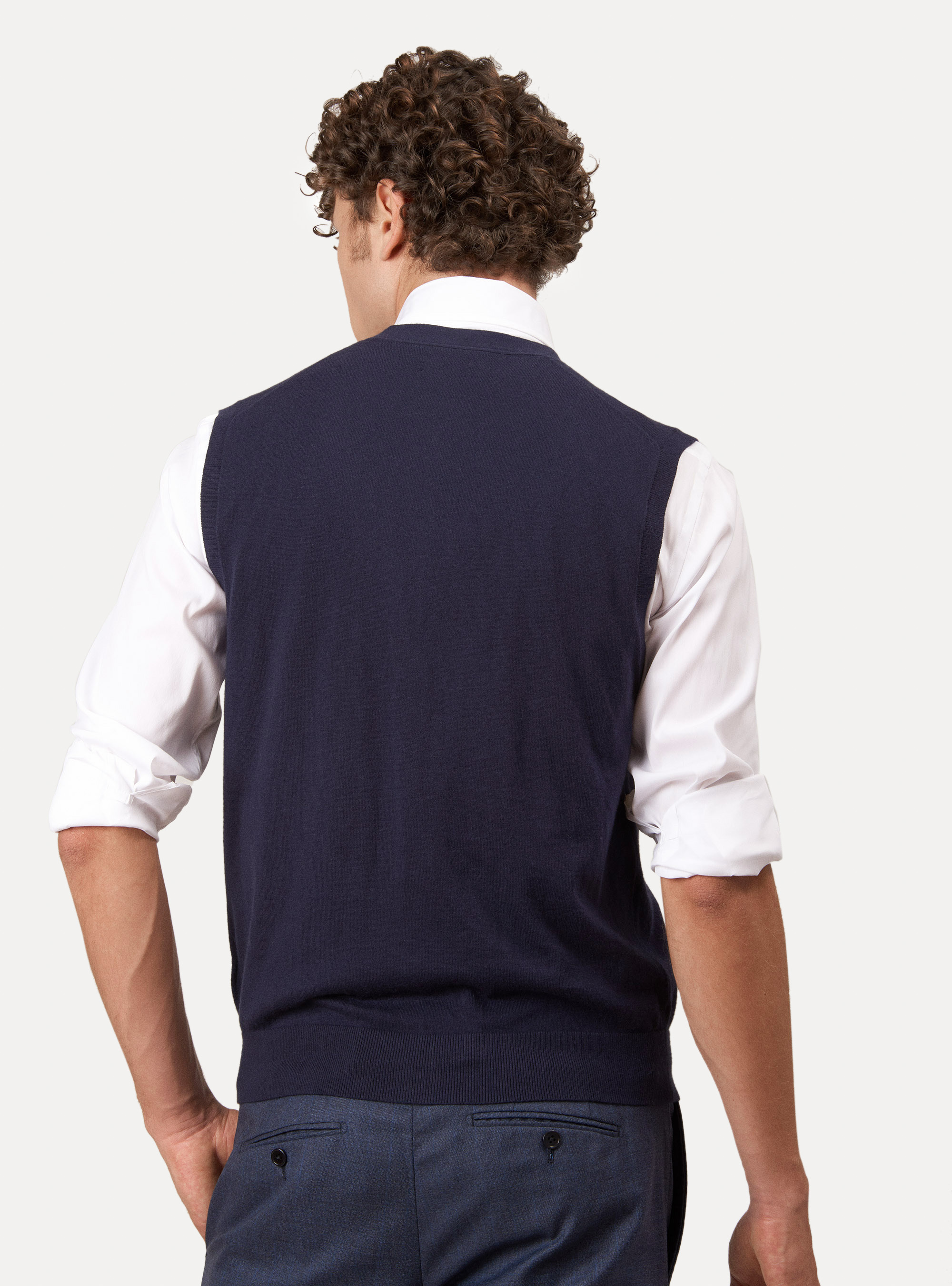 Cotton silk and cashmere knitted waistcoat, NAVY BLUE