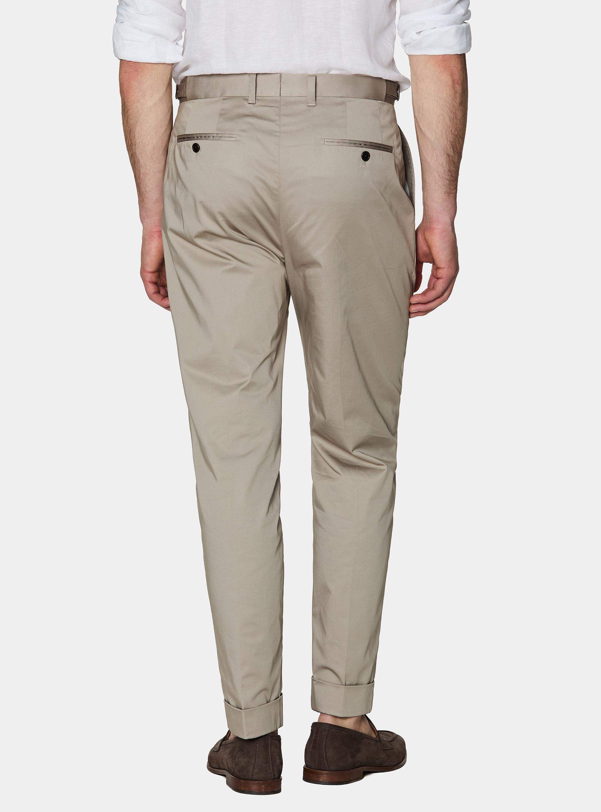 Stretch poplin cotton pleated trousers, SAND