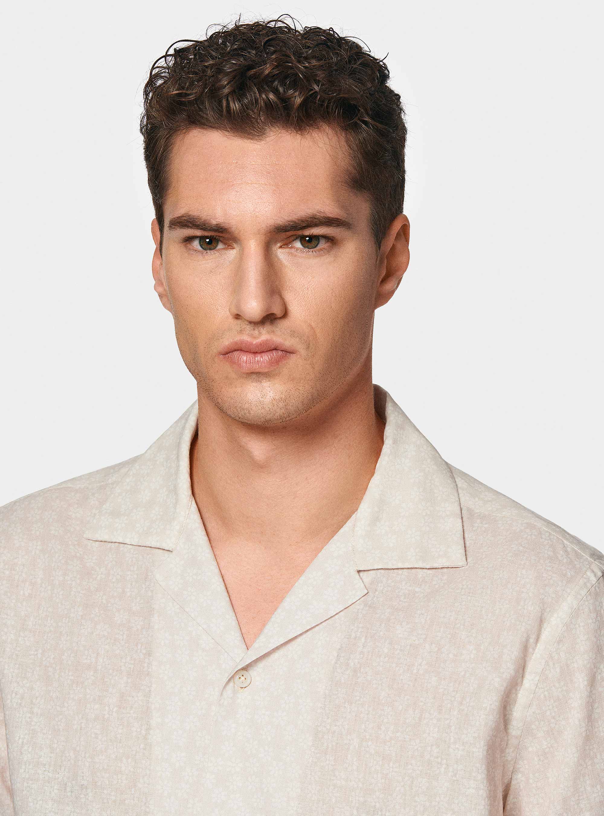 Bowling shirt in linen and printed cotton, ECRU