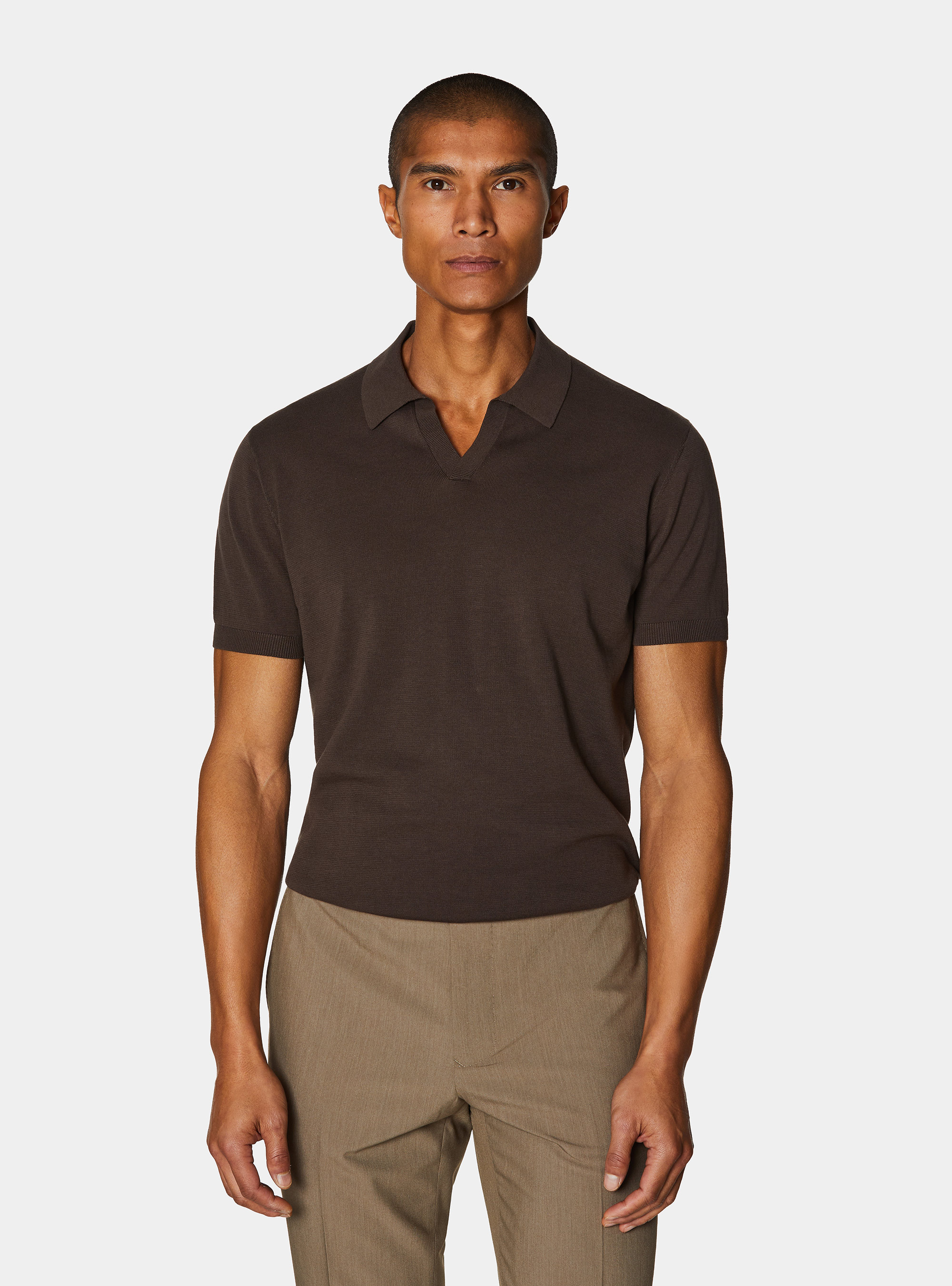 Buttonless knitted polo shirt in extra-fine cotton, BROWN