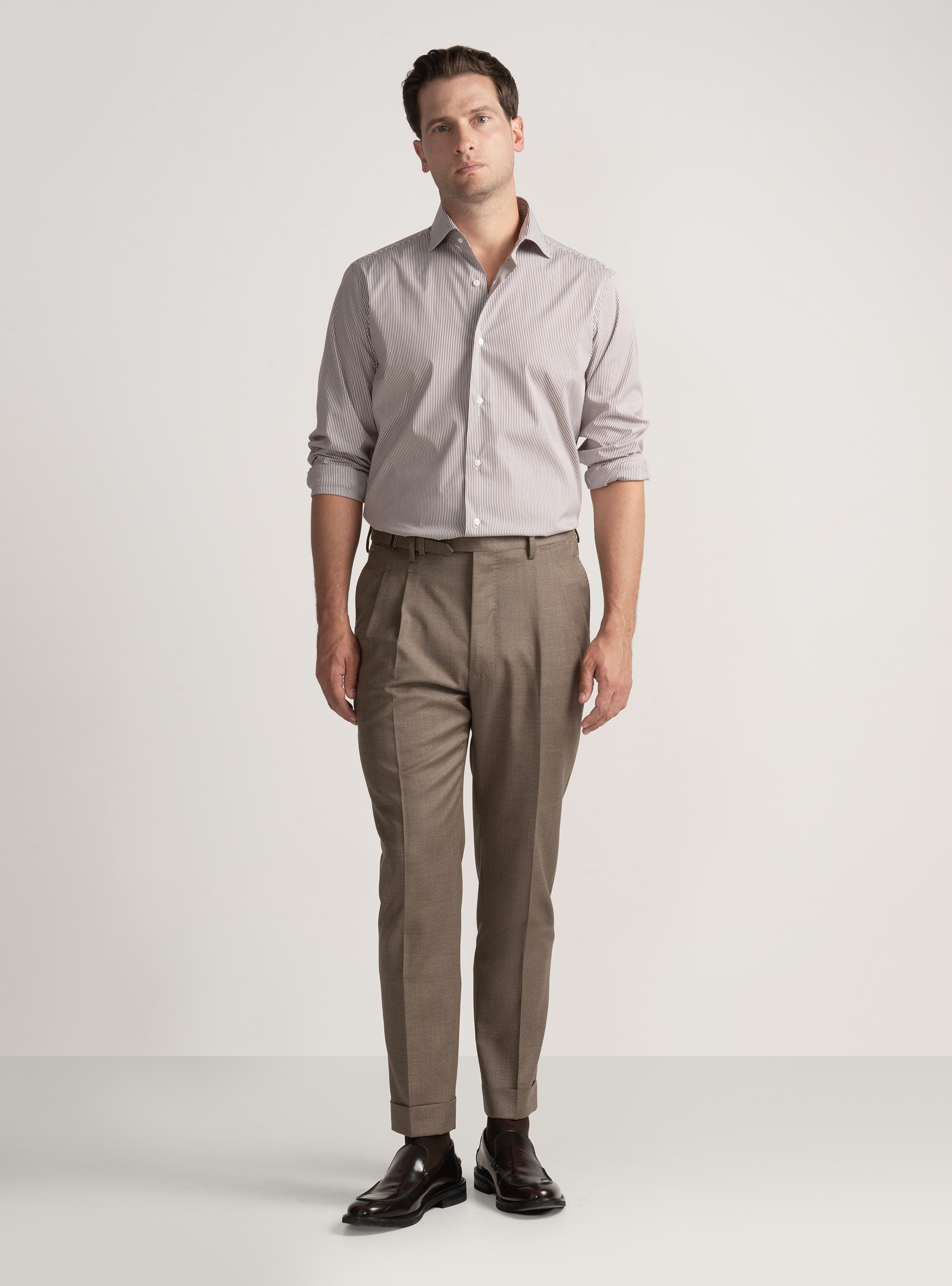 Striped cotton poplin stretch shirt, BROWN
