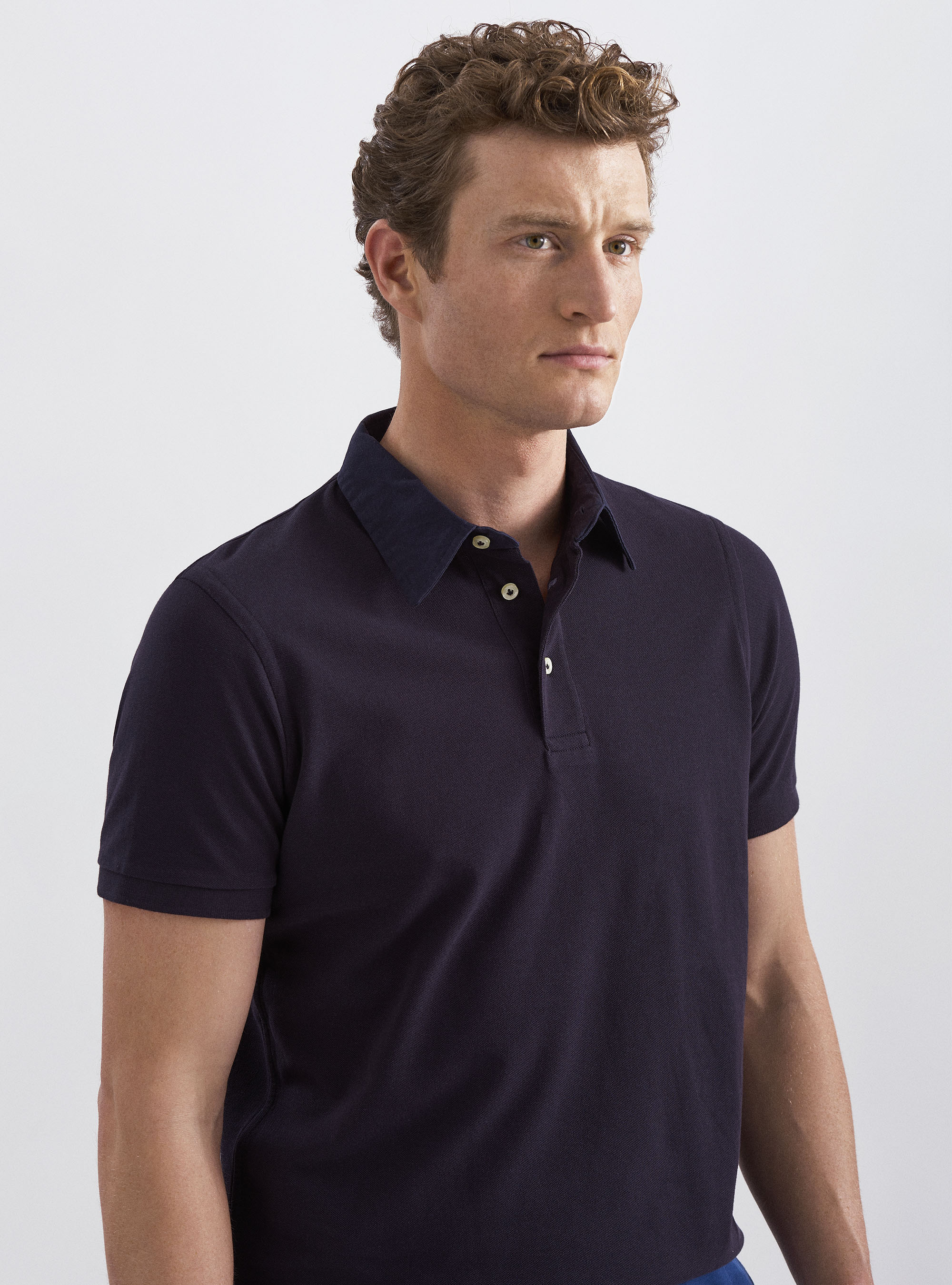 Polo collo camicia in twill, BLU NAVY