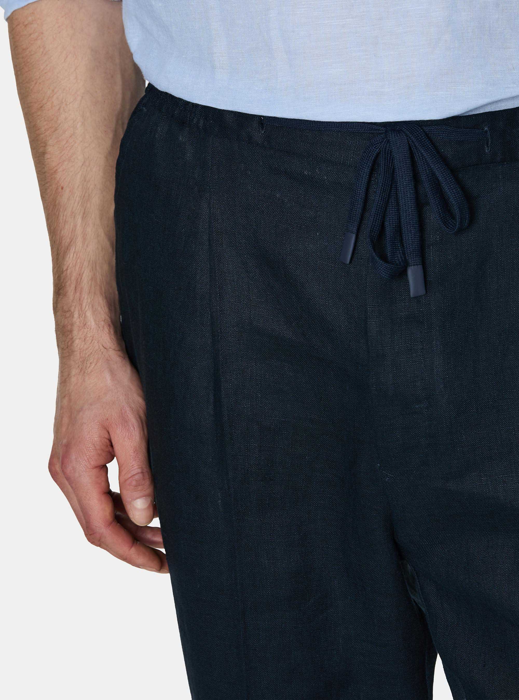 Pure linen trousers with pleat and drawstring, NAVY BLUE
