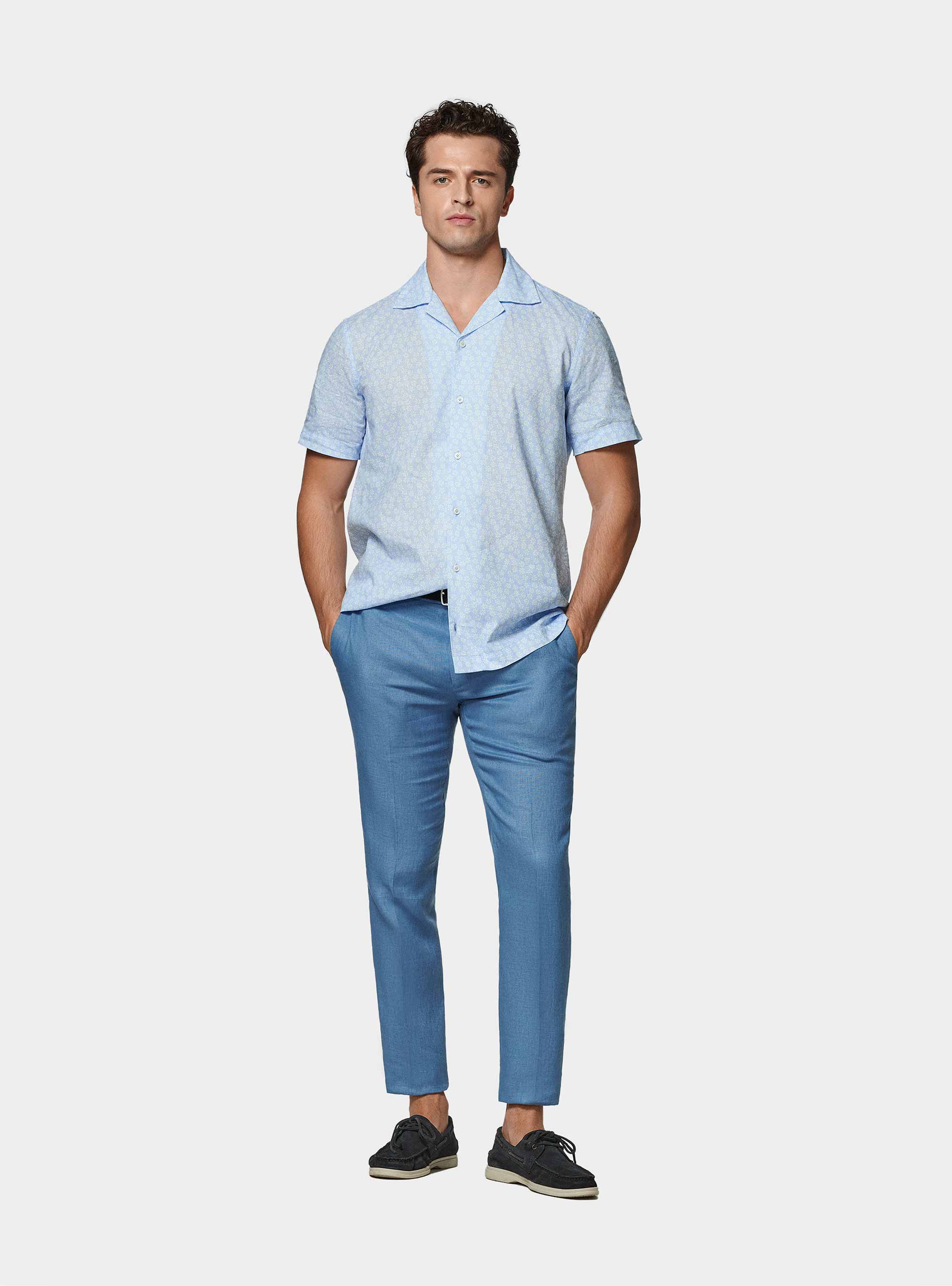 Camicia bowling in lino e cotone stampato, AZZURRO