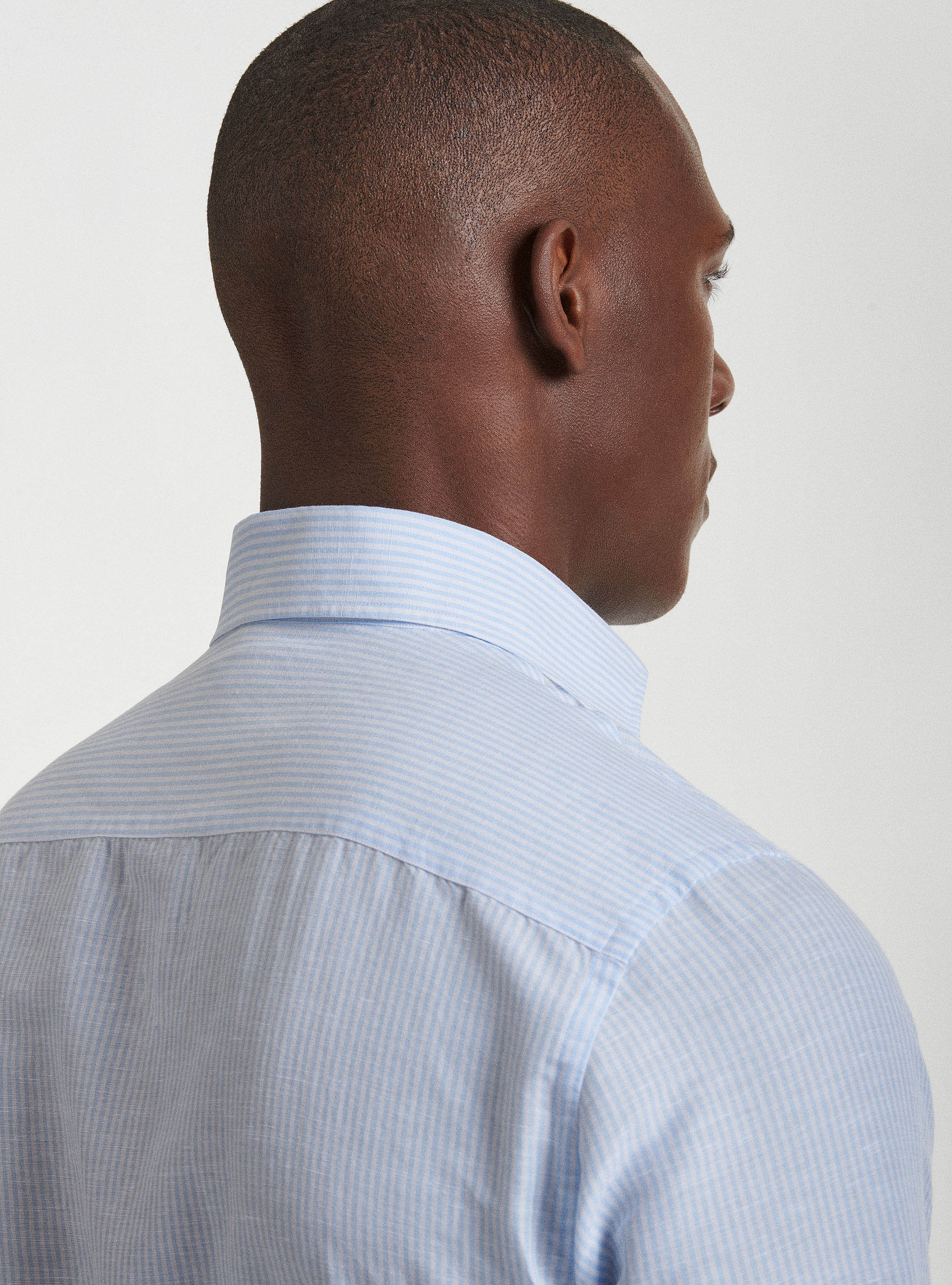 Semi-French collar shirt in linen and striped cotton, LIGHT BLUE