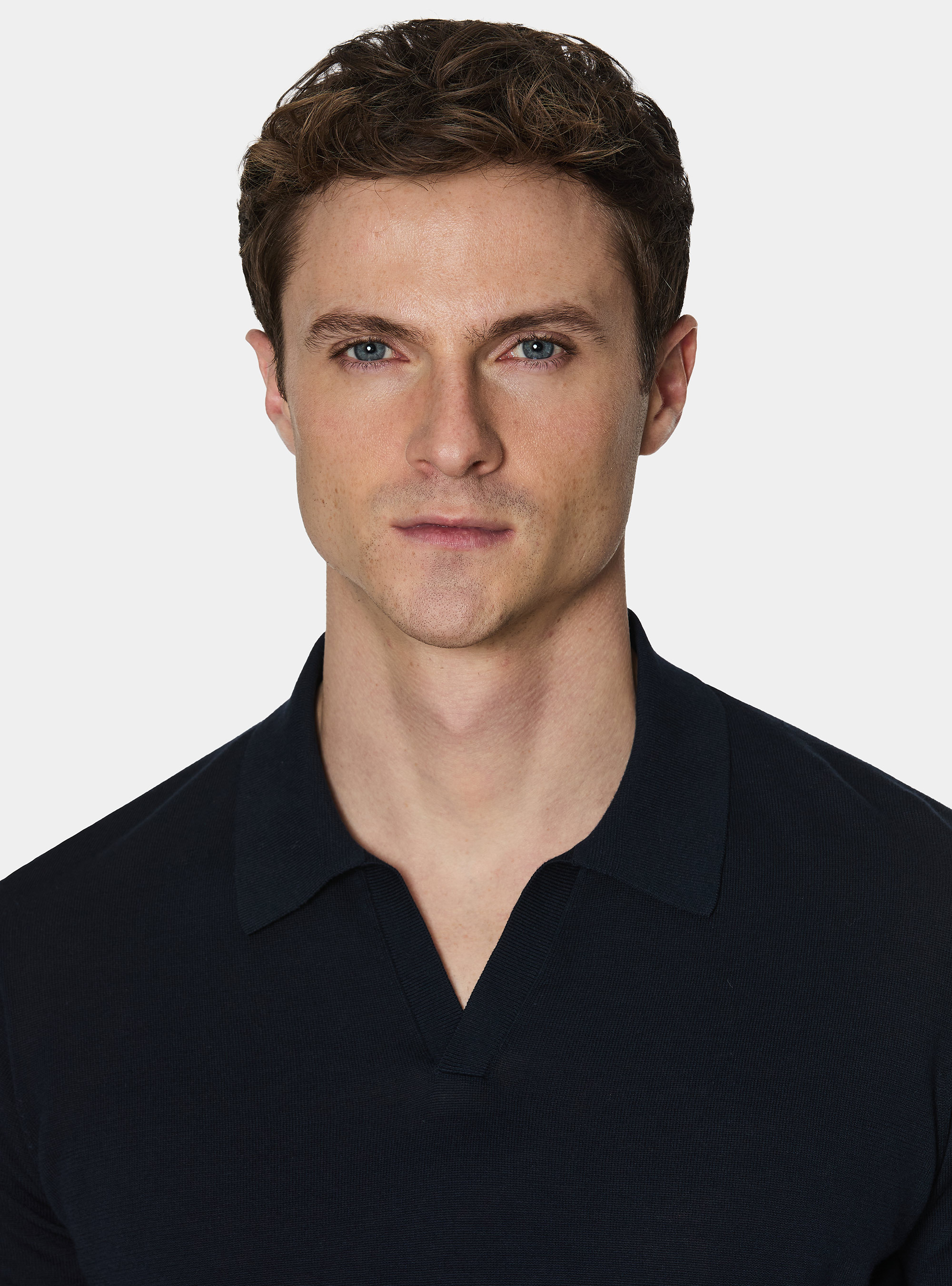 Buttonless knitted polo shirt in extra-fine cotton, NAVY BLUE