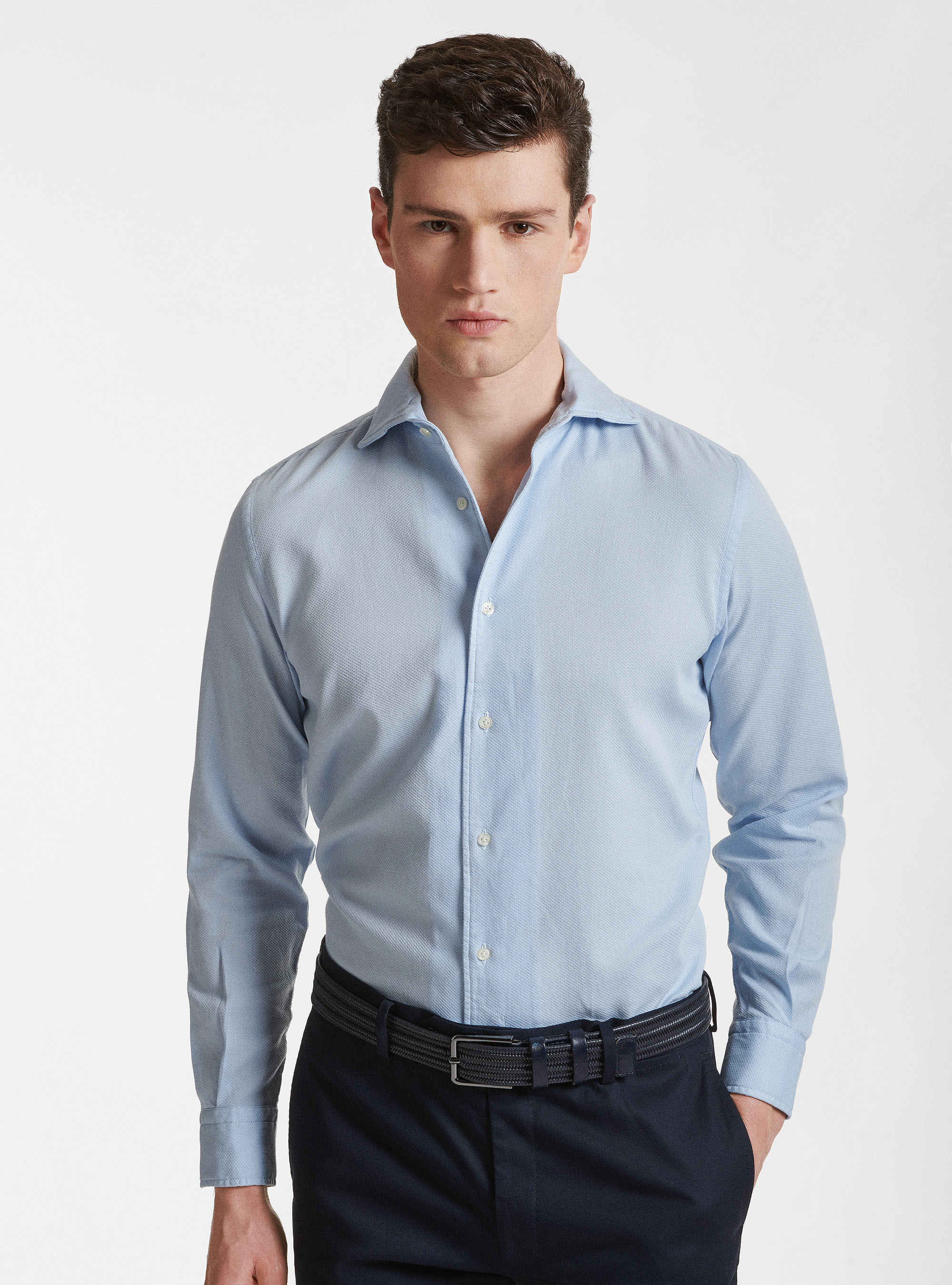 Chemise &agrave; col semi-fran&ccedil;ais en coton teint&eacute; dans la masse, BLEU CIEL